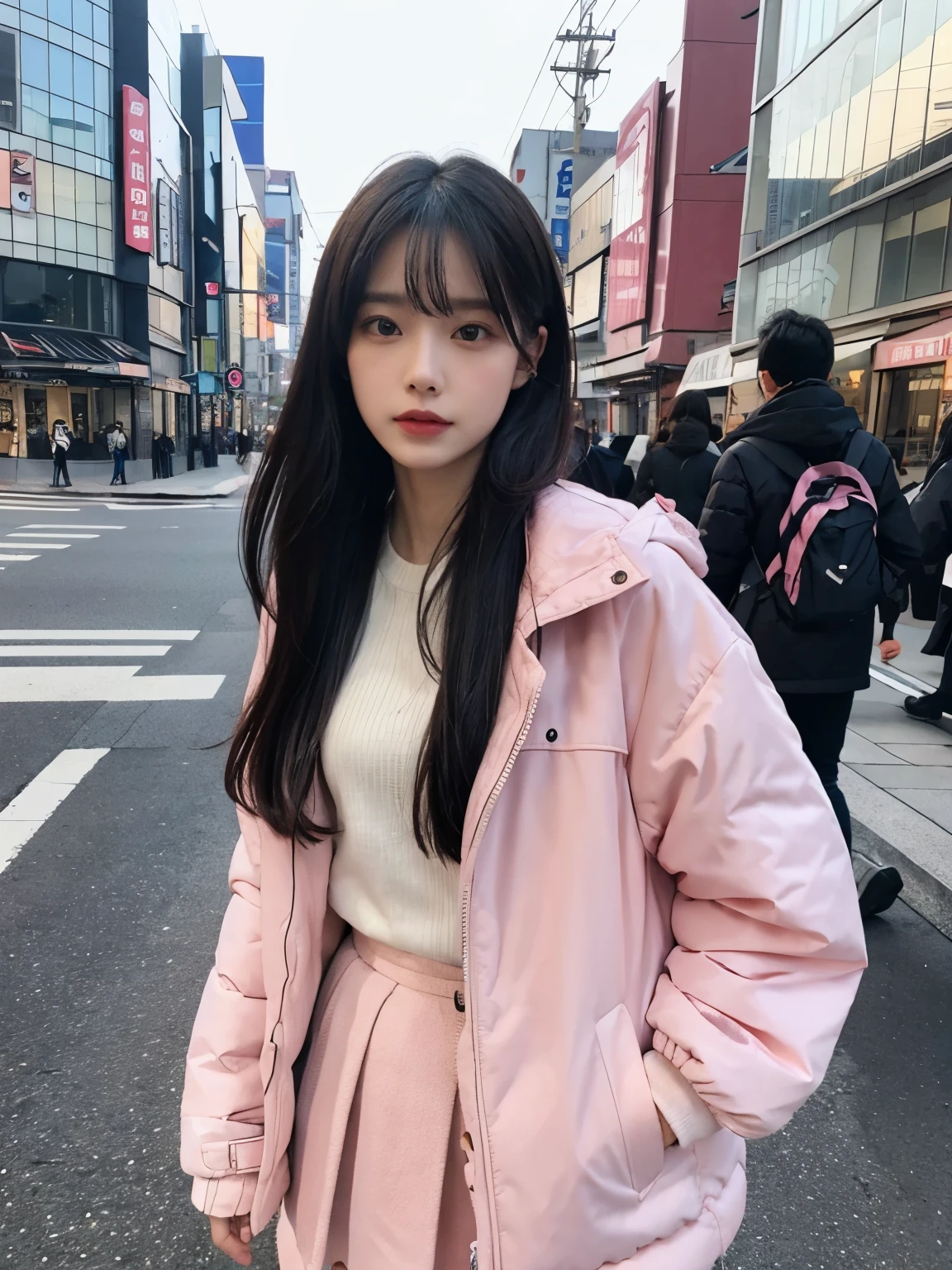 fullbody, (((wearing big pink Down jacket ))), wearing long pink skirt,// Bewitching eyes, well-balanced eyes, //street snap // ((facing viewer)), //at the street in tokyo, //japanese lady, pale skin, //droopy eyes,//long hair, //((standing)), high quality:1.3, Professional lighting:2.0 realistic:1.2, 4k resolution, detailed skin, masterpiece:1.1