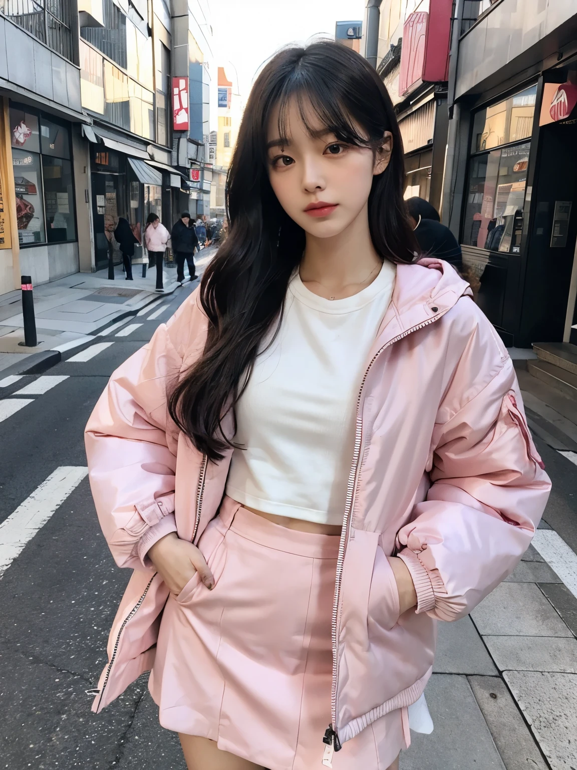 fullbody, (((wearing big pink Down jacket ))), wearing long pink skirt,// Bewitching eyes, well-balanced eyes, //street snap // ((facing viewer)), //at the street in tokyo, //japanese lady, pale skin, //droopy eyes,//long hair, //((standing)), high quality:1.3, Professional lighting:2.0 realistic:1.2, 4k resolution, detailed skin, masterpiece:1.1