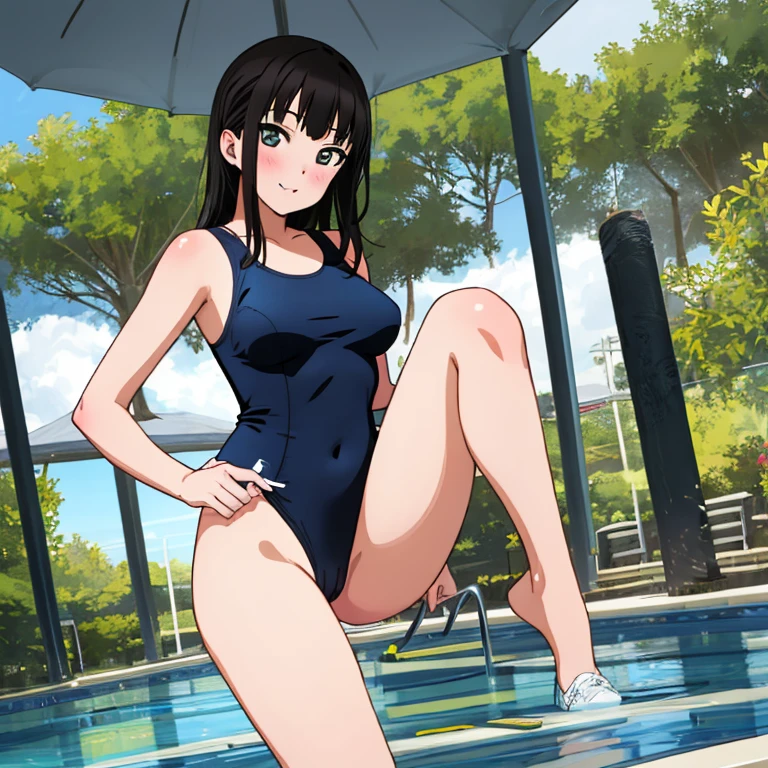 masterpiece,best quality,ultra detailed, best illustration, nsfw, 1girl, black_hair, KK-70, blue one-piece swimsuit