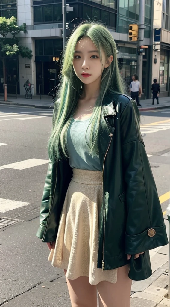 a girl in the street has long green hair, in the style of oshare kei, dark azure and light aquamarine, green academia, gongbi, dark green and light gold, dark green and light bronze