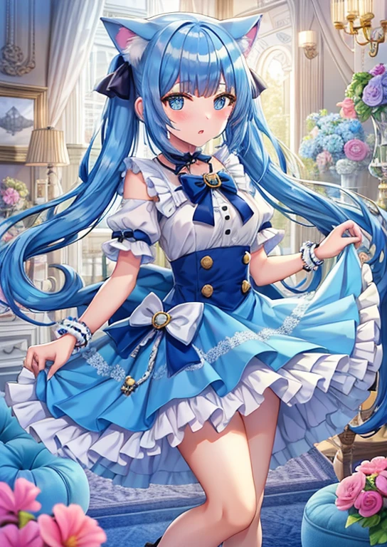 young girl　blue hair　Cat ear　twin tails　ribbon　blue skirt　white petticoat　