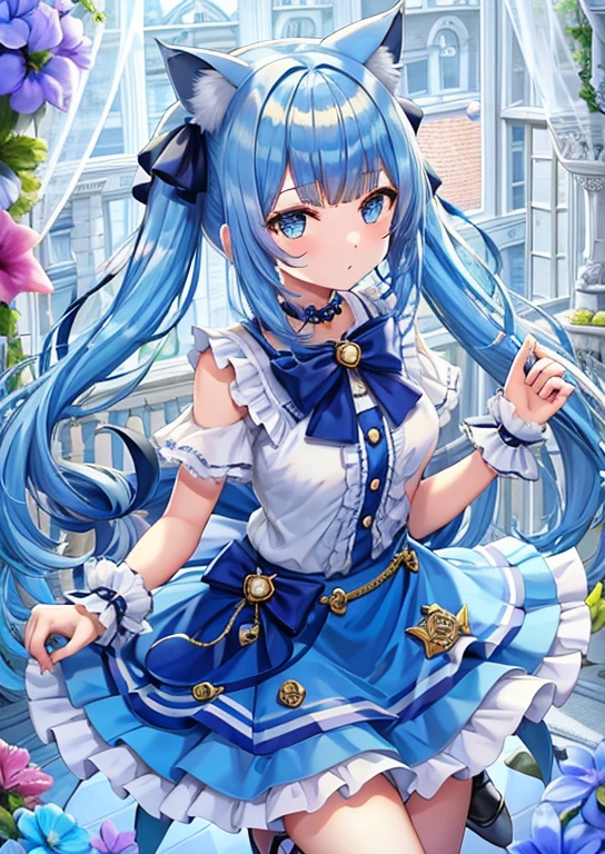 young girl blue hair Cat ear twin tails ribbon blue skirt white petticoat