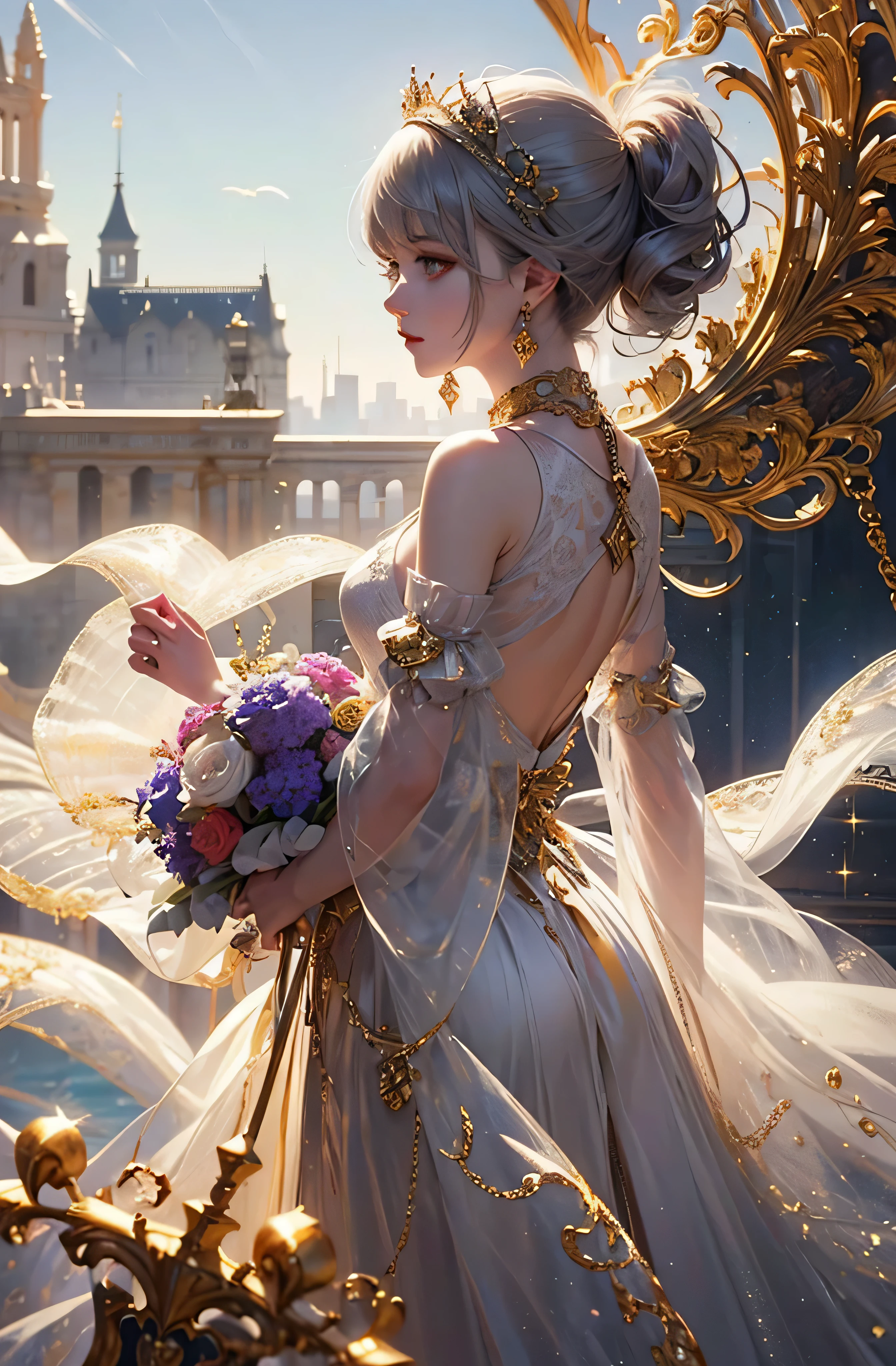 castle in the distance、face is front、look at the camera、profile、8K、real photo、Super high resolution, master parts, highest quality, nffsw , cinematic images,nice girl、Ann、 only、Annグロサクソン、double eyelid、drooling eyes、very big eyes、eyes are purple、dark eye shadow、lips are very thin、The tip of your nose grows beautifully.....、small nostrils,,,,, very detailed , silver hair、straight short hair、smile、 sweet expression 、very beautiful woman、long legs、 very clear shadows , gem , Sexy , detailed eye, very complicated, shiny skin , パーフェクトブリリAnnト, perfect lighting, dramatic shadow、white tiara on head、gold necklace around neck、White aristocratic dress with gold embroidery、glass high heels