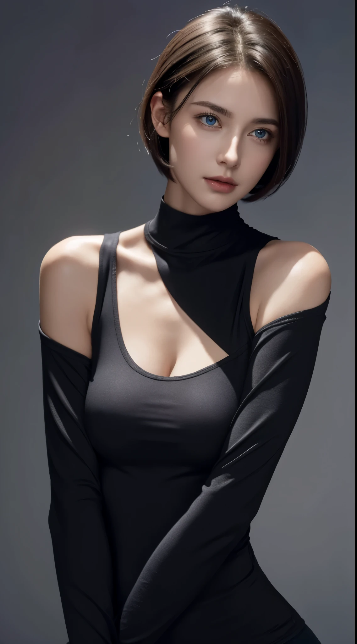 Skin Tight Black Top:1.2, Looking at Viewer, Cinematic lighting, Perfect, softlight, High resolution skin:1.2, Realistic skin texture, 24 years old woman、a small face、no-makeup、, off shoulders,Bust B Cup、Small cleavage, Blue eyes, Short hair, dark brown hair、Gray background、