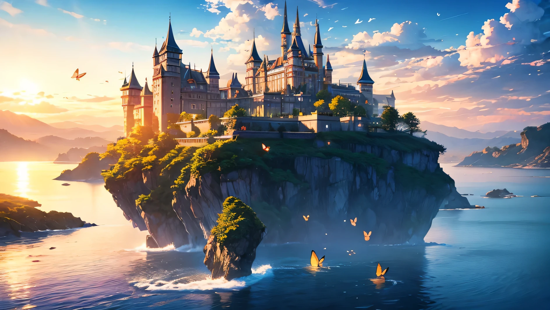 surreal castle floating in the sky over the sea, romantic and nostalgic. Golden hour BUTTERFLIES