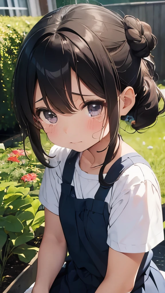 6 year old girl、Are crying、garden、bun hair