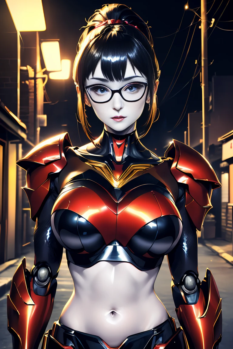 (1mecha girl:1.3, solo), (Audrey Hepburn:1.3), (a extremely pretty and beautiful Japanese woman), (sexy girl), (professional attire:1.3), (22 years old: 1.1), (walking on red carpet:1.3), (attractive random posing:1.3), (in the night royal party:1.3), (looking straight at you:1.3), (starring at you:1.3), (front view:1.3), break, (ponytail:1.3), (shiny-black thin hair:1.2), bangs, dark brown eyes, beautiful eyes, princess eyes, (big eyes:1.3), bangs, wearing a glasses:1.3, Hair between eyes, short hair:1.3, (slender:1.1), (small-medium-breasts:0.95), (thin waist: 1.15), (detailed beautiful girl: 1.4), Parted lips, Red lips, full-make-up face, (shiny skin), ((Perfect Female Body)), (upper body image:1.3), Perfect Anatomy, Perfect Proportions, (most beautiful Korean actress face:1.3, extremely cute and beautiful Japanese actress face:1.3), BREAK, (View viewer, wearing a lovely bitch coordinate, (insanely detailed shiny-red cyborg body armor:1.3), (mecha cyborg armor:1.3), (pin-heels:1.3), detailed clothes, BREAK, (detailed royal night party background:1.2), (dark background), (Studio soft lighting: 1.3), (fake lights: 1.3), (backlight: 1.3), BREAK, (Realistic, Photorealistic: 1.37), (Masterpiece, Best Quality: 1.2), (Ultra High Resolution: 1.2), (RAW Photo: 1.2), (Sharp Focus: 1.3), (Face Focus: 1.2), (Ultra Detailed CG Unified 8k Wallpaper: 1.2), (Beautiful Skin: 1.2), (pale Skin: 1.3), (Hyper Sharp Focus: 1.5), (Ultra Sharp Focus: 1.5), (Beautiful pretty face: 1.3), (super detailed background, detail background: 1.3), Ultra Realistic Photo, Hyper Sharp Image, Hyper Detail Image,, full body shot, gigantic breasts