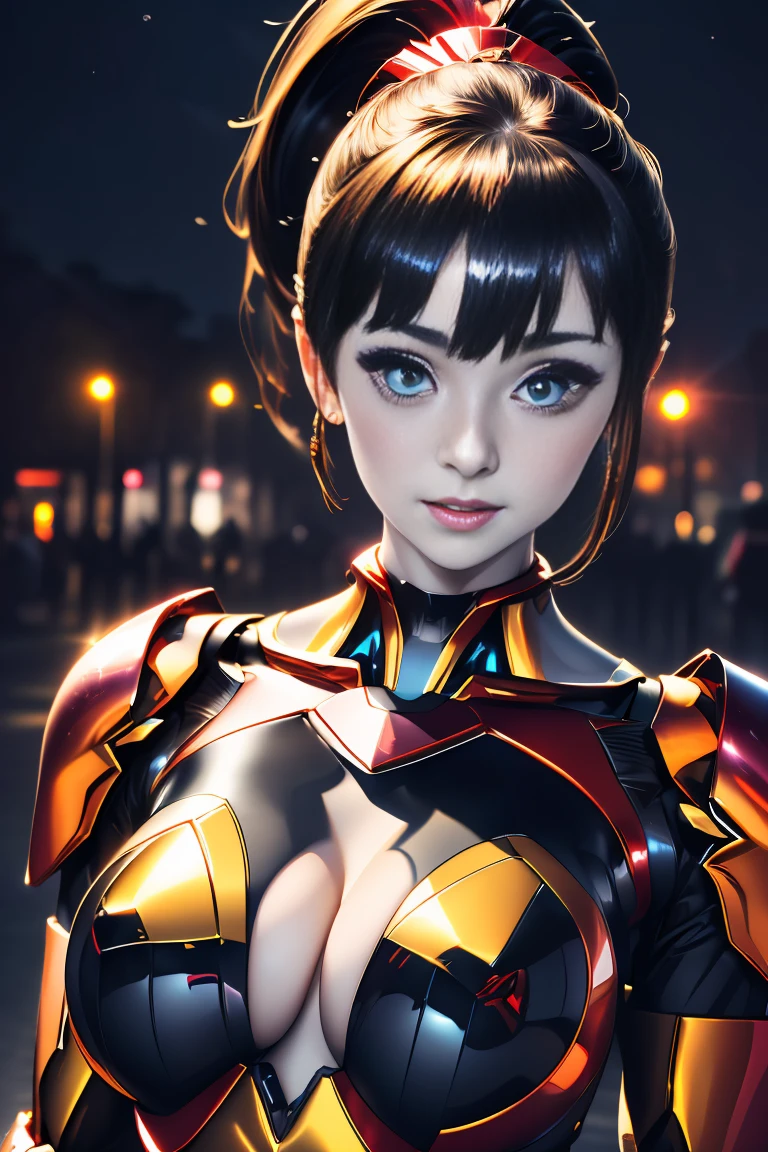 (1mecha girl:1.3, solo), (Audrey Hepburn:1.3), (a extremely pretty and beautiful Japanese woman), (sexy girl), (professional attire:1.3), (22 years old: 1.1), (walking on red carpet:1.3), (attractive random posing:1.3), (in the night royal party:1.3), (looking straight at you:1.3), (starring at you:1.3), (front view:1.3), break, (ponytail:1.3), (shiny-black thin hair:1.2), bangs, dark brown eyes, beautiful eyes, princess eyes, (big eyes:1.3), bangs, wearing a glasses:1.3, Hair between eyes, short hair:1.3, (slender:1.1), (small-medium-breasts:0.95), (thin waist: 1.15), (detailed beautiful girl: 1.4), Parted lips, Red lips, full-make-up face, (shiny skin), ((Perfect Female Body)), (upper body image:1.3), Perfect Anatomy, Perfect Proportions, (most beautiful Korean actress face:1.3, extremely cute and beautiful Japanese actress face:1.3), BREAK, (View viewer, wearing a lovely bitch coordinate, (insanely detailed shiny-red cyborg body armor:1.3), (mecha cyborg armor:1.3), (pin-heels:1.3), detailed clothes, BREAK, (detailed royal night party background:1.2), (dark background), (Studio soft lighting: 1.3), (fake lights: 1.3), (backlight: 1.3), BREAK, (Realistic, Photorealistic: 1.37), (Masterpiece, Best Quality: 1.2), (Ultra High Resolution: 1.2), (RAW Photo: 1.2), (Sharp Focus: 1.3), (Face Focus: 1.2), (Ultra Detailed CG Unified 8k Wallpaper: 1.2), (Beautiful Skin: 1.2), (pale Skin: 1.3), (Hyper Sharp Focus: 1.5), (Ultra Sharp Focus: 1.5), (Beautiful pretty face: 1.3), (super detailed background, detail background: 1.3), Ultra Realistic Photo, Hyper Sharp Image, Hyper Detail Image,, full body shot, gigantic breasts