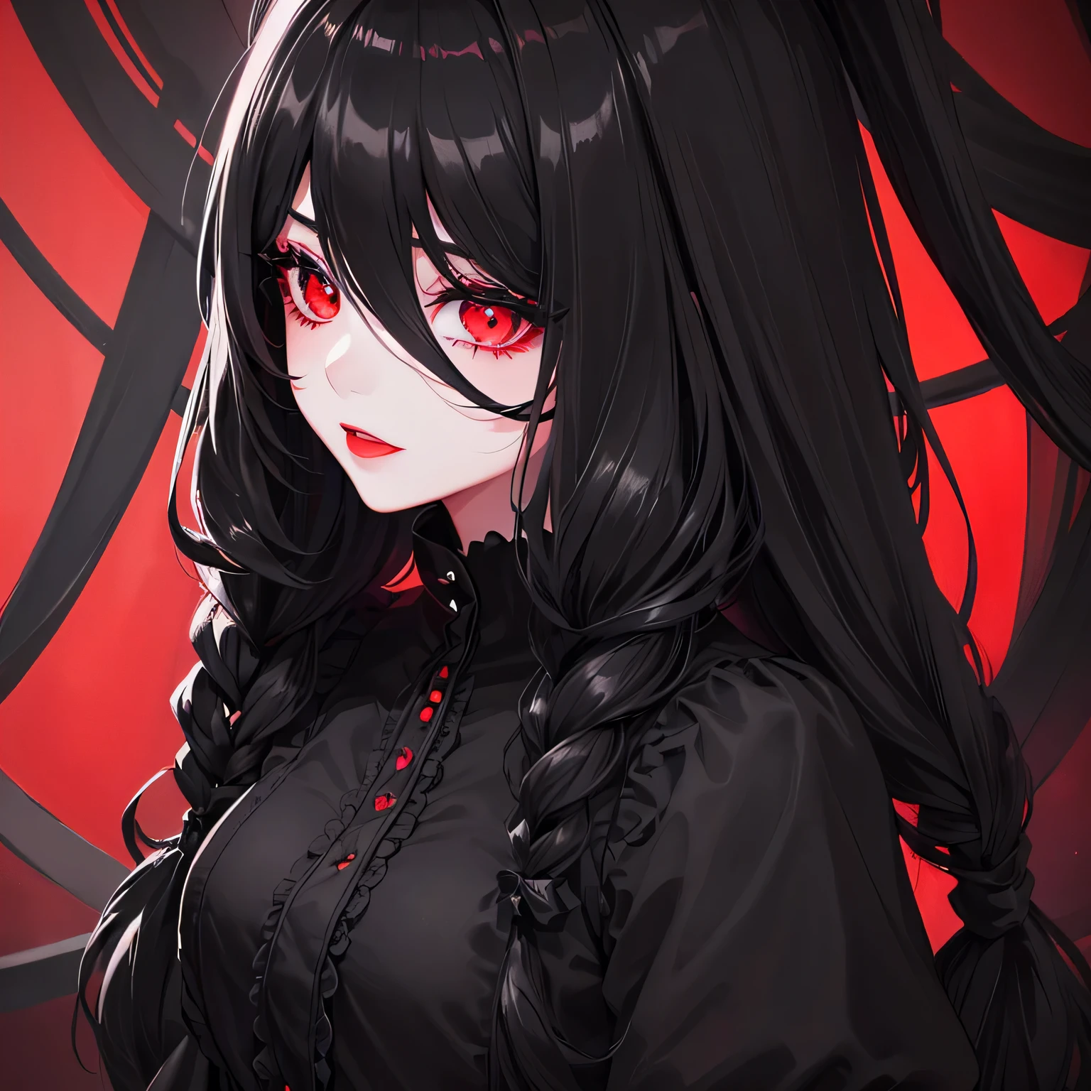 1 girl,Depp's Sense,confused,catch light,Super beautiful illustration,(black color,long hairstyles:1.6),dark dark eyeshadow,bright red lipstick,Gothic Lolita,;d,beautiful and delicate hair,delicate and detailed red eyes,red light effect,look around