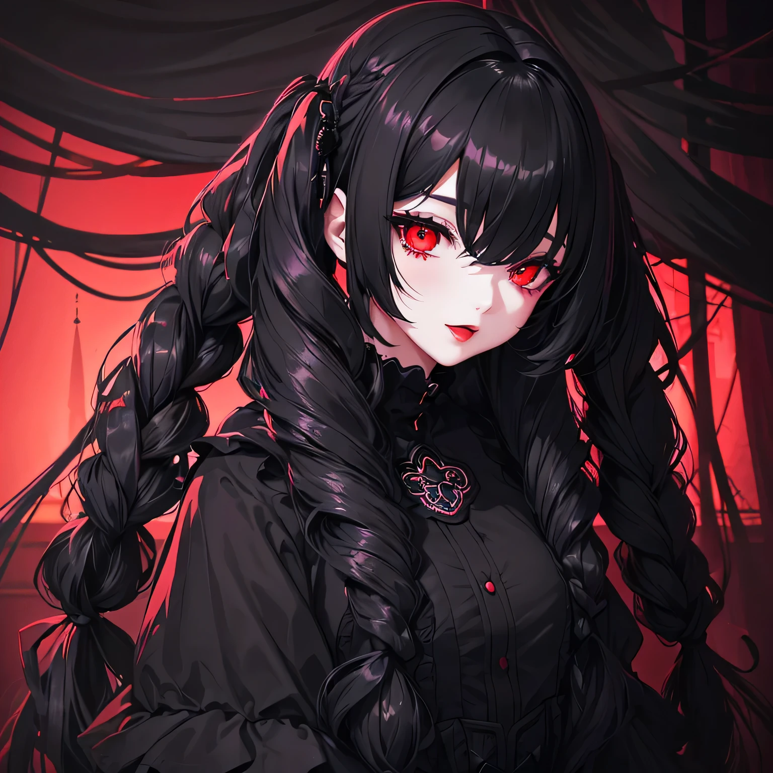 1 girl,Depp's Sense,confused,catch light,Super beautiful illustration,(black color,long hairstyles:1.6),dark dark eyeshadow,bright red lipstick,Gothic Lolita,;d,beautiful and delicate hair,delicate and detailed red eyes,red light effect,look around