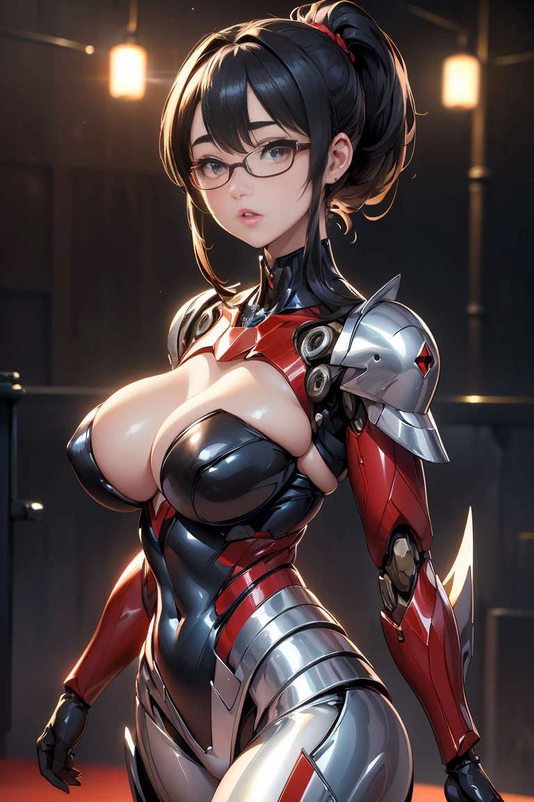 (1mecha girl:1.3, solo), (Audrey Hepburn:1.3), (a extremely pretty and beautiful Japanese woman), (sexy girl), (professional attire:1.3), (22 years old: 1.1), (walking on red carpet:1.3), (attractive random posing:1.3), (in the night royal party:1.3), (looking straight at you:1.3), (starring at you:1.3), (front view:1.3),  break, (ponytail:1.3), (shiny-black thin hair:1.2), bangs, dark brown eyes, beautiful eyes, princess eyes, (big eyes:1.3), bangs, wearing a glasses:1.3, Hair between eyes, short hair:1.3, (slender:1.1), (small-medium-breasts:0.95), (thin waist: 1.15), (detailed beautiful girl: 1.4), Parted lips, Red lips, full-make-up face, (shiny skin), ((Perfect Female Body)), (upper body image:1.3), Perfect Anatomy, Perfect Proportions, (most beautiful Korean actress face:1.3, extremely cute and beautiful Japanese actress face:1.3), BREAK, (View viewer, wearing a lovely bitch coordinate, (insanely detailed shiny-red cyborg body armor:1.3), (mecha cyborg armor:1.3), (pin-heels:1.3), detailed clothes, BREAK, (detailed royal night party background:1.2), (dark background), (Studio soft lighting: 1.3), (fake lights: 1.3), (backlight: 1.3), BREAK, (Realistic, Photorealistic: 1.37), (Masterpiece, Best Quality: 1.2), (Ultra High Resolution: 1.2), (RAW Photo: 1.2), (Sharp Focus: 1.3), (Face Focus: 1.2), (Ultra Detailed CG Unified 8k Wallpaper: 1.2), (Beautiful Skin: 1.2), (pale Skin: 1.3), (Hyper Sharp Focus: 1.5), (Ultra Sharp Focus: 1.5), (Beautiful pretty face: 1.3), (super detailed background, detail background: 1.3), Ultra Realistic Photo, Hyper Sharp Image, Hyper Detail Image,, full body shot, gigantic breasts