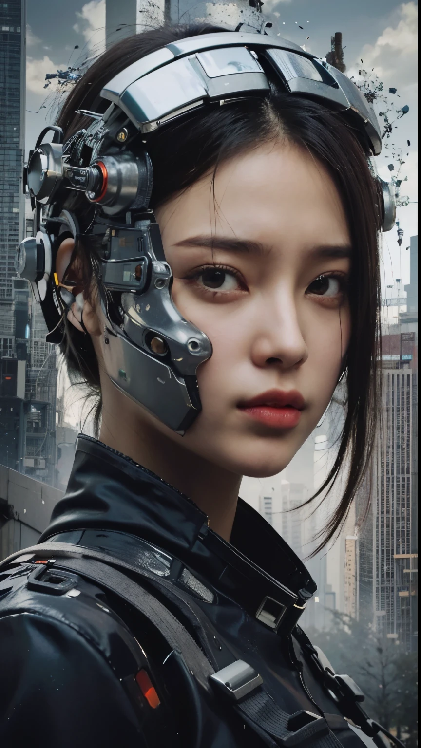 arafed woman with futuristic head gear and a city in the background, cyborg - girl, beautiful cyberpunk girl face, cyborg girl, portrait beautiful sci - fi girl, the cyberpunk girl portrait, beutiful girl cyborg, portrait of a cyberpunk cyborg, portrait futuristic solider girl, portrait of a mechanical girl, a teen cyberpunk cyborg, beautiful cyborg girl, cyberpunk beautiful girl