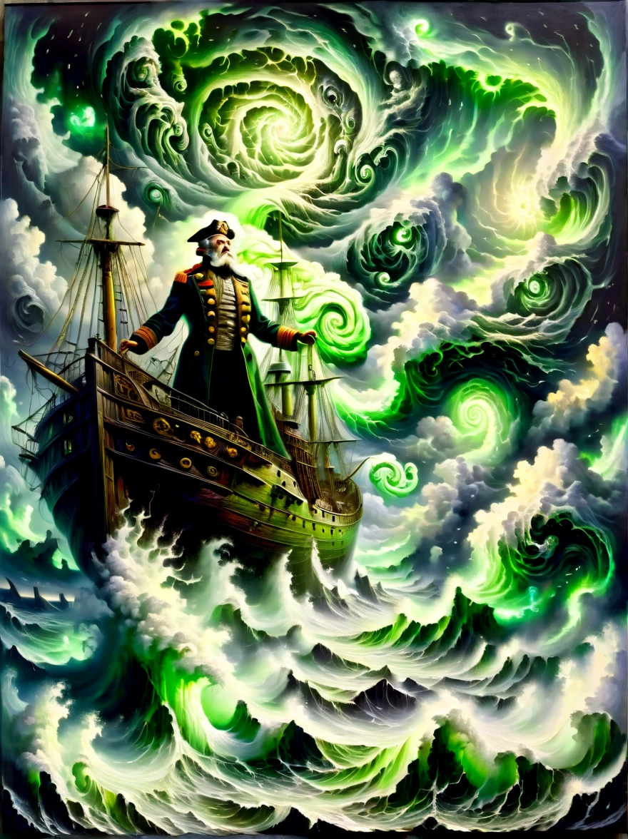 A detailed oil painting，((Depicts an old captain steering his ship through a storm))。Salt water splashed on his weathered face，His eyes are full of determination。((Above, swirling malevolent clouds can be seen))，Rough waves threaten to swamp ships，while seagulls dive and swirl among the chaotic landscape。Thunder and lights are heard in the distance，illuminates the scene with an eerie green glow。