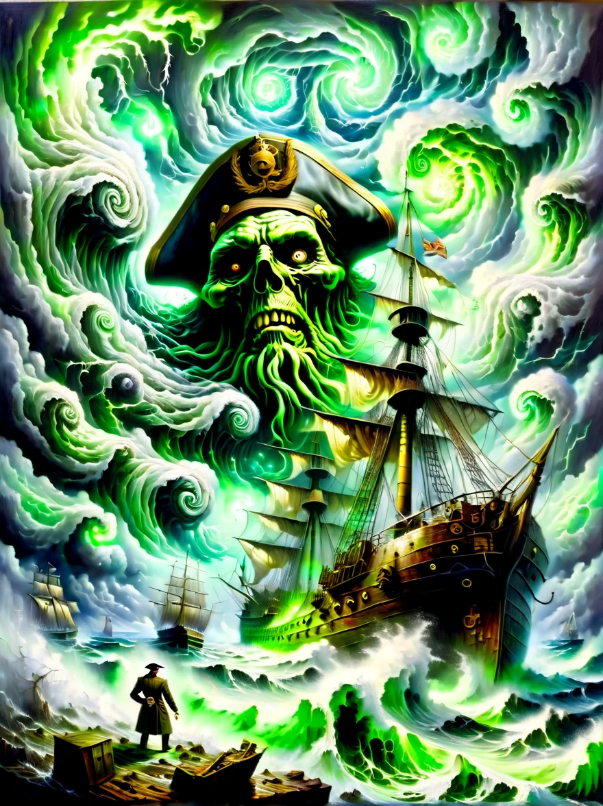 A detailed oil painting，((Depicts an old captain steering his ship through a storm))。Salt water splashed on his weathered face，His eyes are full of determination。((Above, swirling malevolent clouds can be seen))，Rough waves threaten to swamp ships，while seagulls dive and swirl among the chaotic landscape。Thunder and lights are heard in the distance，illuminates the scene with an eerie green glow。