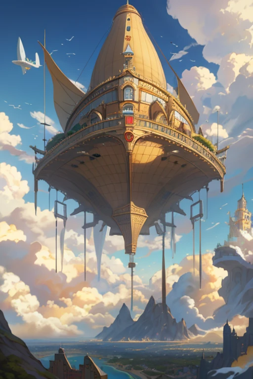 There is a large flying object in the sky against the background of mountains, City floating above the clouds, City in the sky, castle in the sky style, steampunk blimps fly overhead, flying blimps, blimp in the sky, blimp in steampunk, flying cloud castle, Glamorous spaceship painting, floating palace in the sky, blimp,City in the sky,mediterranean cityscape,Streets connected by bridges,waterways are lined up