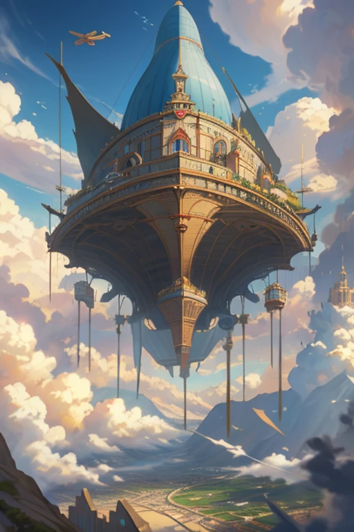 There is a large flying object in the sky against the background of mountains, City floating above the clouds, City in the sky, castle in the sky style, steampunk blimps fly overhead, flying blimps, blimp in the sky, blimp in steampunk, flying cloud castle, Glamorous spaceship painting, floating palace in the sky, blimp,City in the sky,mediterranean cityscape,Streets connected by bridges,waterways are lined up