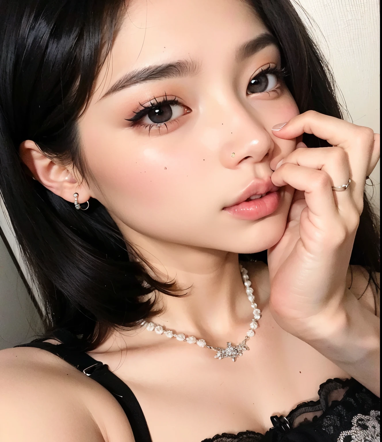 Un primer plano de una mujer con un collar y aretes, cruel korean gothic girl, ulzzang, Encantadores ojos negros, lindos ojos redondos rasgados, muchacha coreana, joven y adorable rostro coreano, ojos oscuros y penetrantes, maquillaje coreano popular, maquillaje popular de corea del sur, pelo negro y ojos grandes, Young cute pale asian face, Grandes ojos detallados, hermosa joven coreana