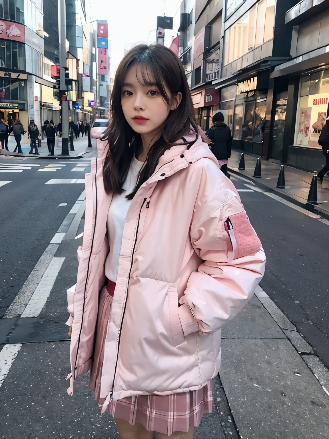 fullbody, (((wearing big pink Down jacket ))), wearing long pink skirt,// Bewitching eyes, well-balanced eyes, //street snap // ((facing viewer)), //at the street in tokyo, //japanese lady, pale skin, //droopy eyes,//long hair, //((standing)), high quality:1.3, Professional lighting:2.0 realistic:1.2, 4k resolution, detailed skin, masterpiece:1.1