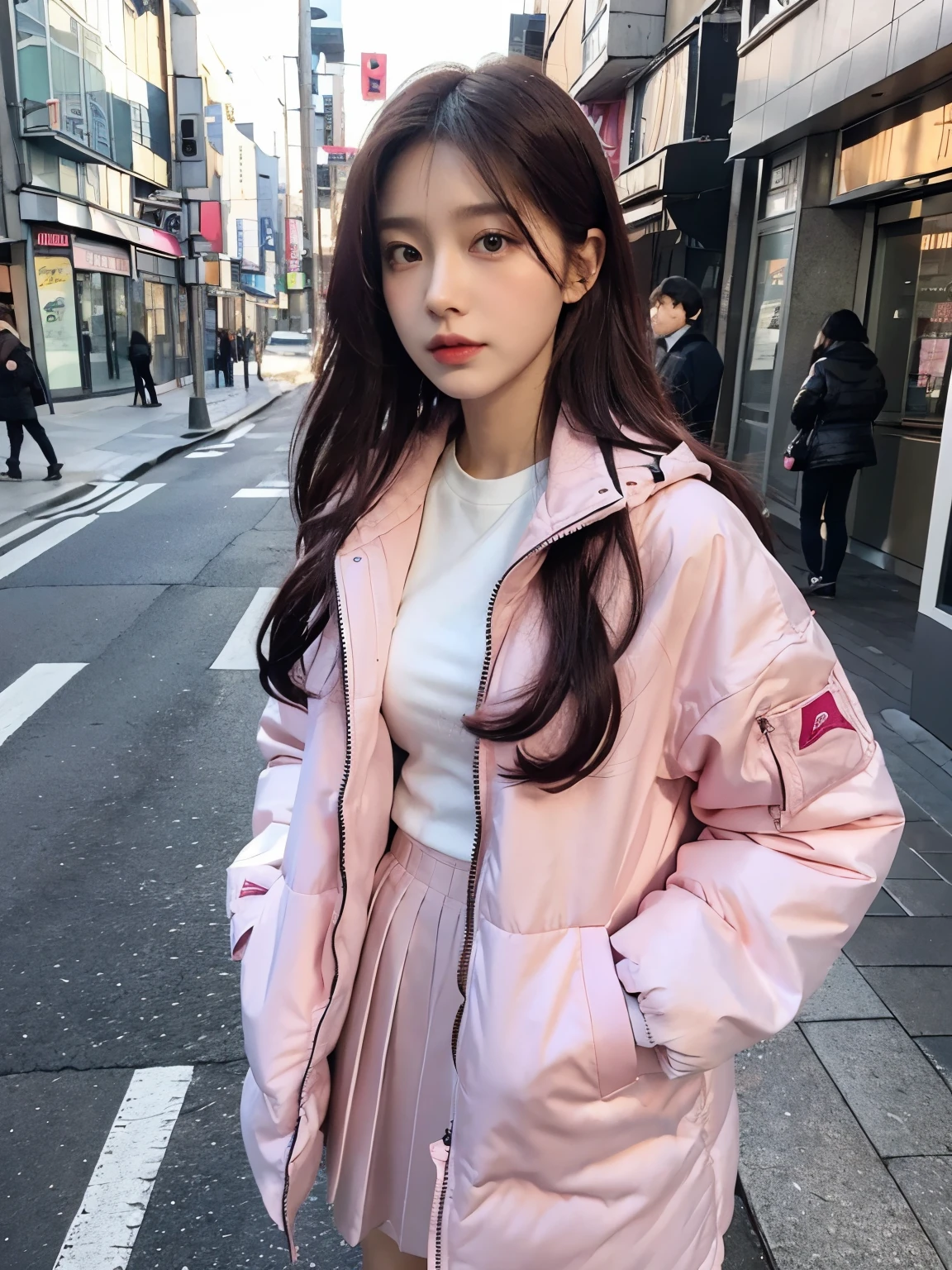 fullbody, (((wearing big pink Down jacket ))), wearing long pink skirt,// Bewitching eyes, well-balanced eyes, //street snap // ((facing viewer)), //at the street in tokyo, //japanese lady, pale skin, //droopy eyes,//long hair, //((standing)), high quality:1.3, Professional lighting:2.0 realistic:1.2, 4k resolution, detailed skin, masterpiece:1.1