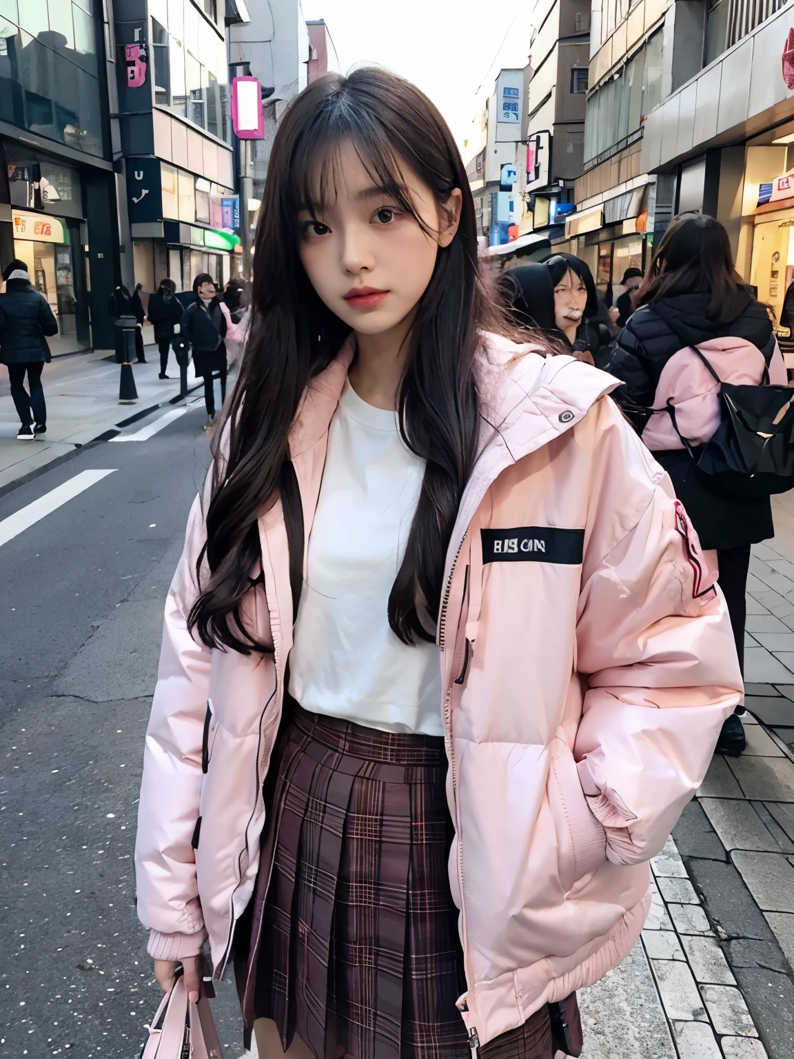 fullbody, (((wearing big pink Down jacket ))), wearing long pink skirt,// Bewitching eyes, well-balanced eyes, //street snap // ((facing viewer)), //at the street in tokyo, //japanese lady, pale skin, //droopy eyes,//long hair, //((standing)), high quality:1.3, Professional lighting:2.0 realistic:1.2, 4k resolution, detailed skin, masterpiece:1.1