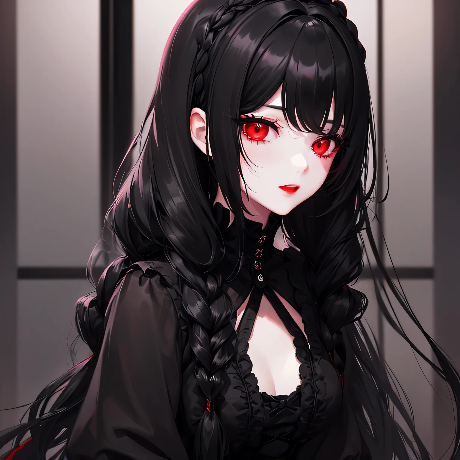 1 girl,Depp's Sense,confused,catch light,Super beautiful illustration,(black color,long hairstyles:1.6),dark dark eyeshadow,bright red lipstick,Gothic Lolita,;d,beautiful and delicate hair,delicate and detailed red eyes,red light effect,look around
