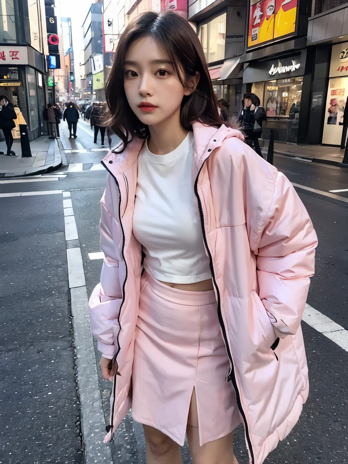fullbody, (((wearing big pink Down jacket ))), wearing long pink skirt,// Bewitching eyes, well-balanced eyes, //street snap // ((facing viewer)), //at the street in tokyo, //japanese lady, pale skin, //droopy eyes,//permanent wave, //((standing)), high quality:1.3, Professional lighting:2.0 realistic:1.2, 4k resolution, detailed skin, masterpiece:1.1
