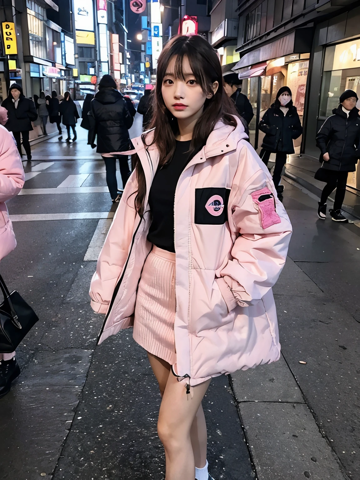fullbody, (((wearing big pink Down jacket ))), wearing long pink skirt,// Bewitching eyes, well-balanced eyes, //street snap // ((facing viewer)), //at the street in tokyo, //japanese lady, pale skin, //droopy eyes,//permanent wave, //((standing)), high quality:1.3, Professional lighting:2.0 realistic:1.2, 4k resolution, detailed skin, masterpiece:1.1