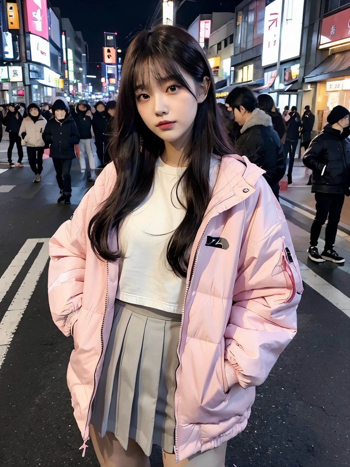fullbody, (((wearing big pink Down jacket ))), wearing long pink skirt,// Bewitching eyes, well-balanced eyes, //street snap // ((facing viewer)), //at the street in tokyo, //japanese lady, pale skin, //droopy eyes,//permanent wave, //((standing)), high quality:1.3, Professional lighting:2.0 realistic:1.2, 4k resolution, detailed skin, masterpiece:1.1