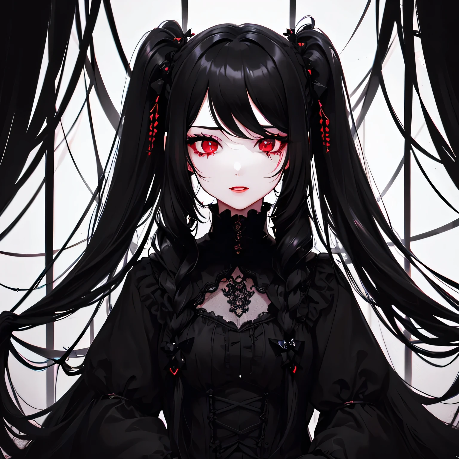 1 girl,Depp's Sense,confused,catch light,Super beautiful illustration,(black color,long hairstyles:1.6),dark dark eyeshadow,bright red lipstick,Gothic Lolita,;d,beautiful and delicate hair,delicate and detailed red eyes,red light effect,look around