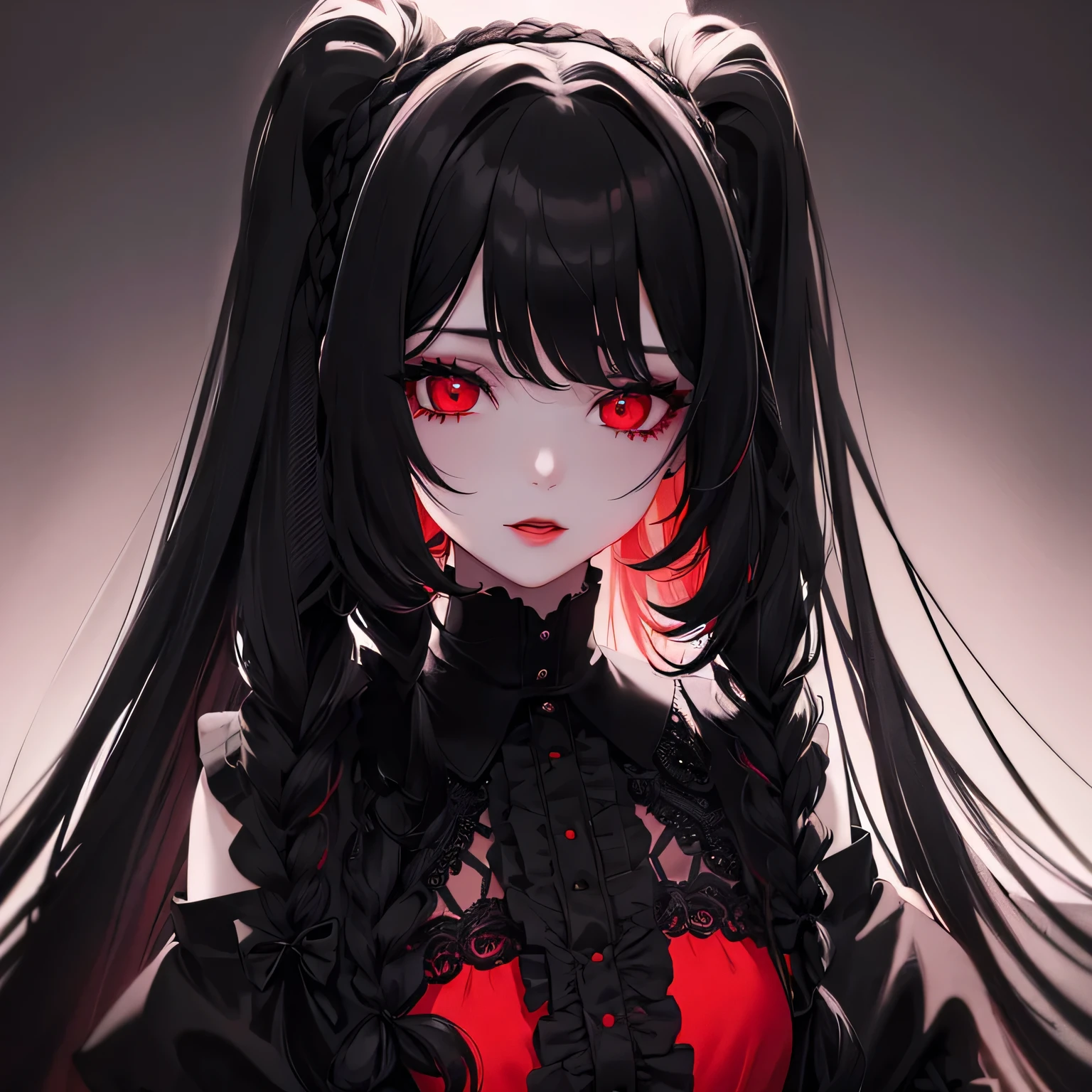 1 girl,Depp's Sense,confused,catch light,Super beautiful illustration,(black color,long hairstyles:1.6),dark dark eyeshadow,bright red lipstick,Gothic Lolita,;d,beautiful and delicate hair,delicate and detailed red eyes,red light effect,look around