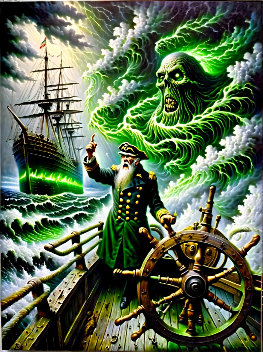 A detailed oil painting,((Depicts an old captain steering his ship through a storm))。Salt water splashed on his weathered face,His eyes are full of determination。((Above, swirling malevolent clouds can be seen)),Rough waves threaten to swamp ships,while seagulls dive and swirl among the chaotic landscape。Thunder and lights are heard in the distance,illuminates the scene with an eerie green glow。