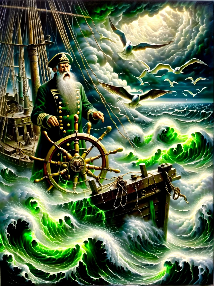 A detailed oil painting,((Depicts an old captain steering his ship through a storm))。Salt water splashed on his weathered face,His eyes are full of determination。((Above, swirling malevolent clouds can be seen)),Rough waves threaten to swamp ships,while seagulls dive and swirl among the chaotic landscape。Thunder and lights are heard in the distance,illuminates the scene with an eerie green glow。