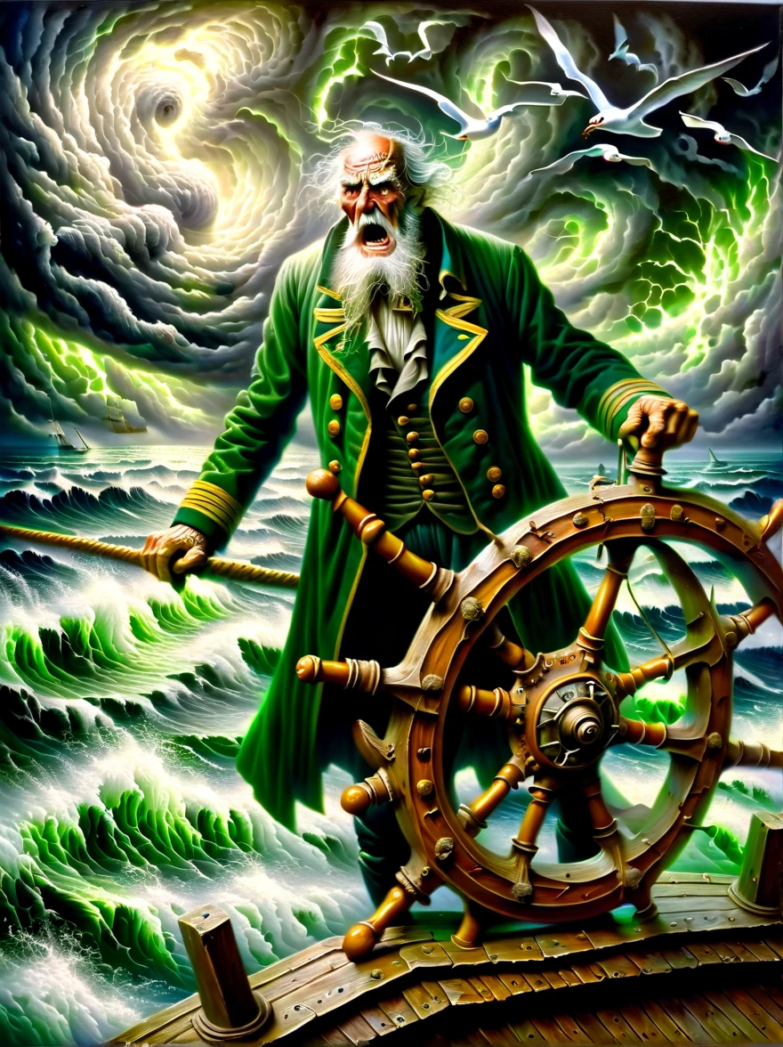 A detailed oil painting,((Depicts an old captain steering his ship through a storm))。Salt water splashed on his weathered face,His eyes are full of determination。((Above, swirling malevolent clouds can be seen)),Rough waves threaten to swamp ships,while seagulls dive and swirl among the chaotic landscape。Thunder and lights are heard in the distance,illuminates the scene with an eerie green glow。