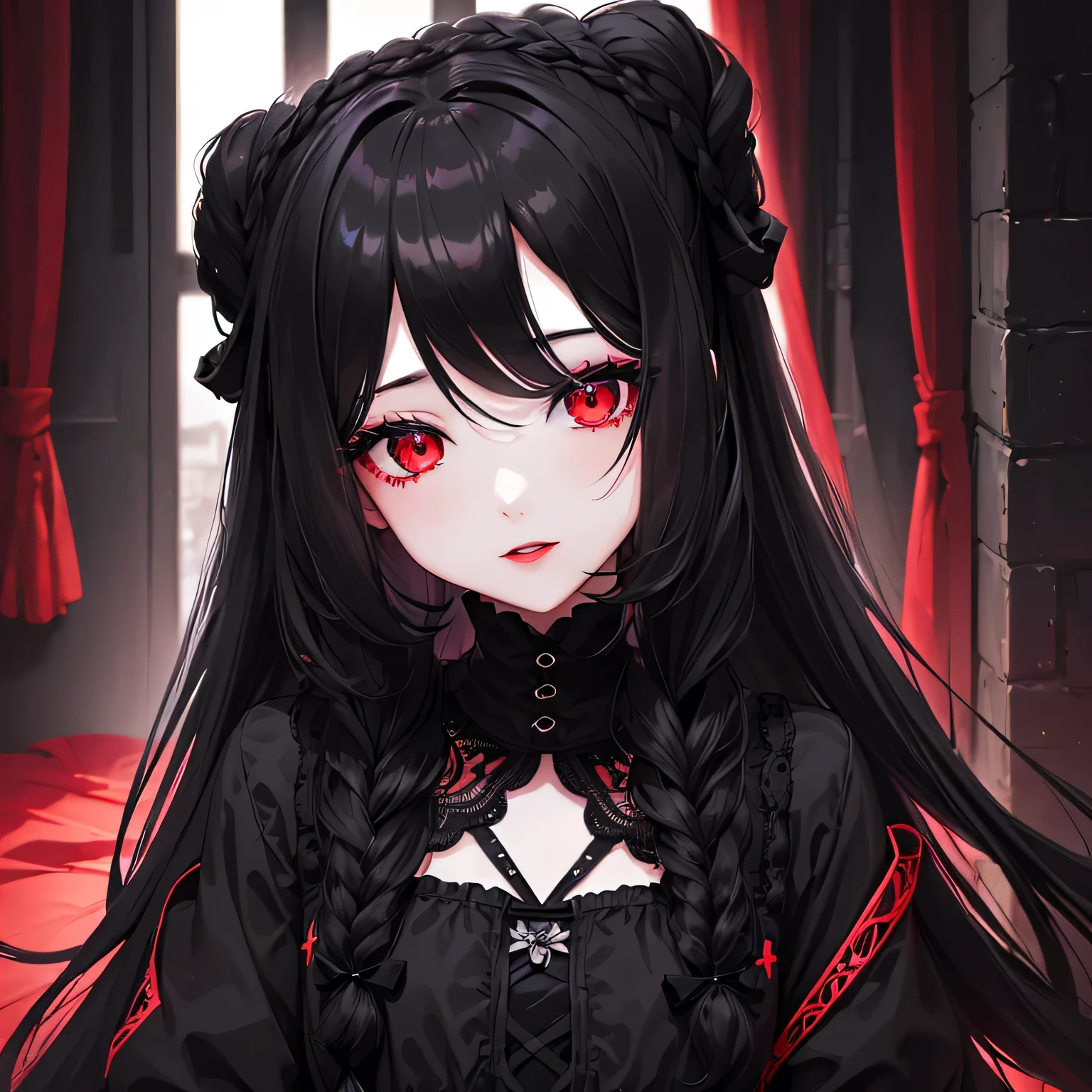 1 girl,Depp's Sense,confused,catch light,Super beautiful illustration,(black color,long hairstyles:1.6),dark dark eyeshadow,bright red lipstick,Gothic Lolita,;d,beautiful and delicate hair,delicate and detailed red eyes,red light effect,look around