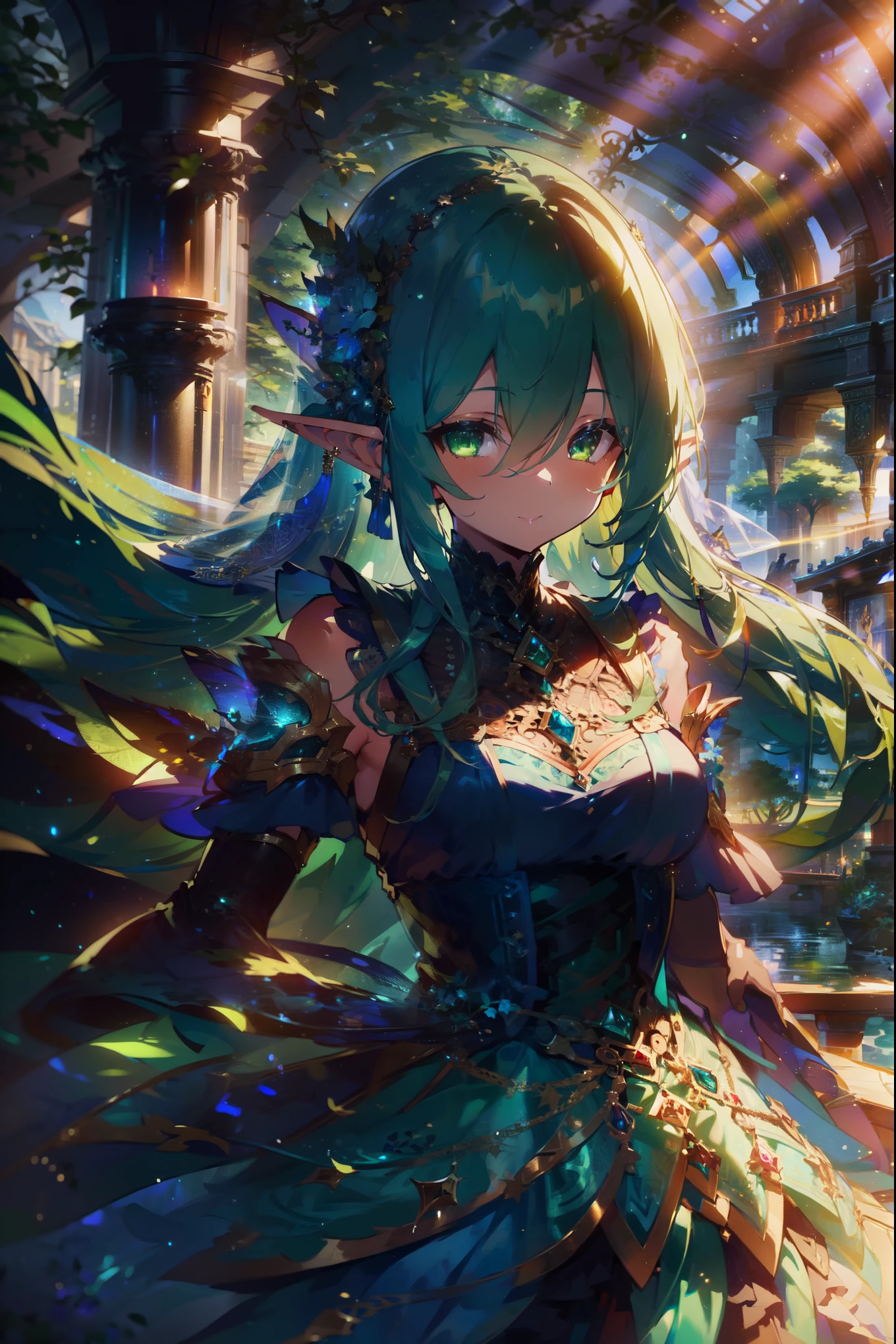 anime - style image of a woman in a blue dress with green hair, elf girl, detailed digital anime art, extremely detailed artgerm, artgerm on artstation pixiv, 2. 5 d cgi anime fantasy artwork, blue elf, 8k high quality detailed art, fanart best artstation, artgerm. anime illustration,smilinh,happy