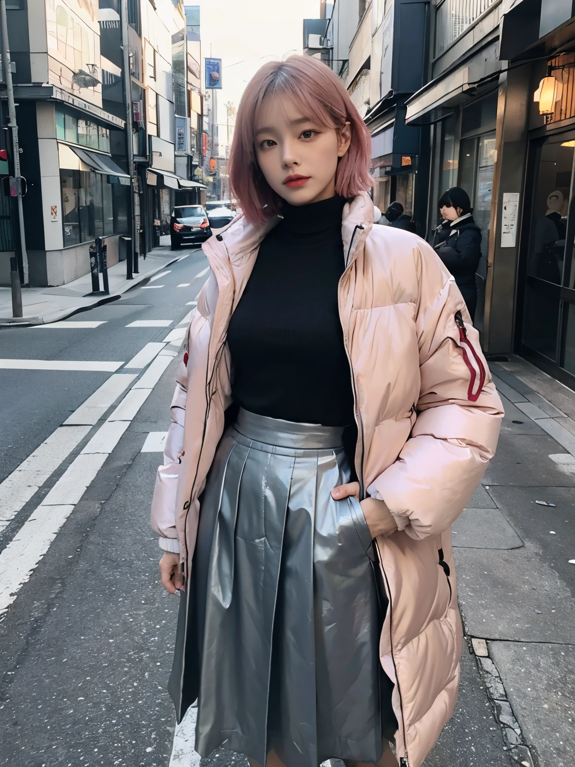 fullbody, (((wearing big Down jacket ))), wearing long skirt,// Bewitching eyes, well-balanced eyes, //street snap // ((facing viewer)), //at the street in tokyo, //japanese lady, pale skin, //droopy eyes,//short pink hair, //((standing)), high quality:1.3, Professional lighting:2.0 realistic:1.2, 4k resolution, detailed skin, masterpiece:1.1