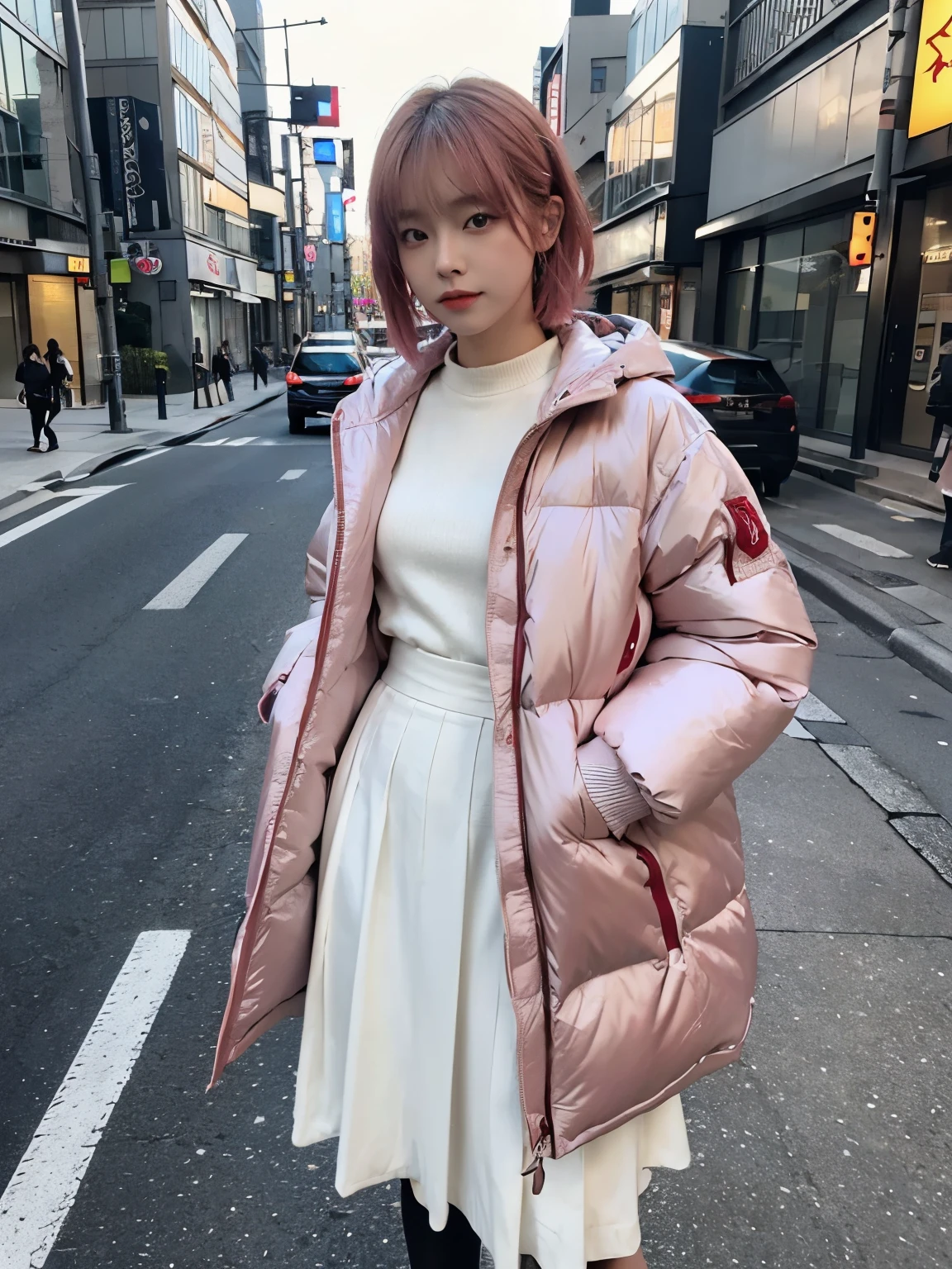 fullbody, (((wearing big Down jacket ))), wearing long skirt,// Bewitching eyes, well-balanced eyes, //street snap // ((facing viewer)), //at the street in tokyo, //japanese lady, pale skin, //droopy eyes,//short pink hair, //((standing)), high quality:1.3, Professional lighting:2.0 realistic:1.2, 4k resolution, detailed skin, masterpiece:1.1