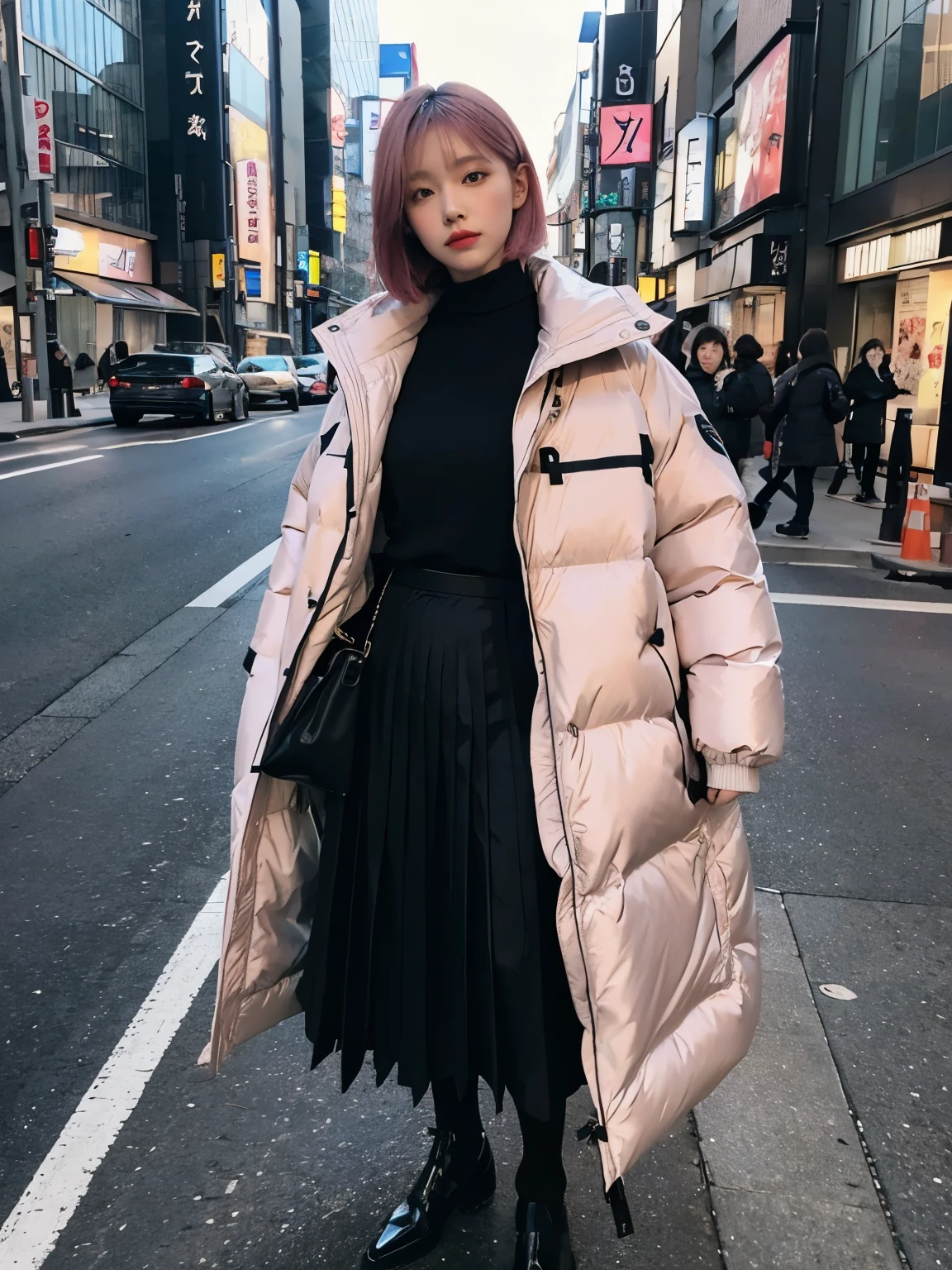 fullbody, (((wearing big Down jacket ))), wearing long skirt,// Bewitching eyes, well-balanced eyes, //street snap // ((facing viewer)), //at the street in tokyo, //japanese lady, pale skin, //droopy eyes,//short pink hair, //((standing)), high quality:1.3, Professional lighting:2.0 realistic:1.2, 4k resolution, detailed skin, masterpiece:1.1