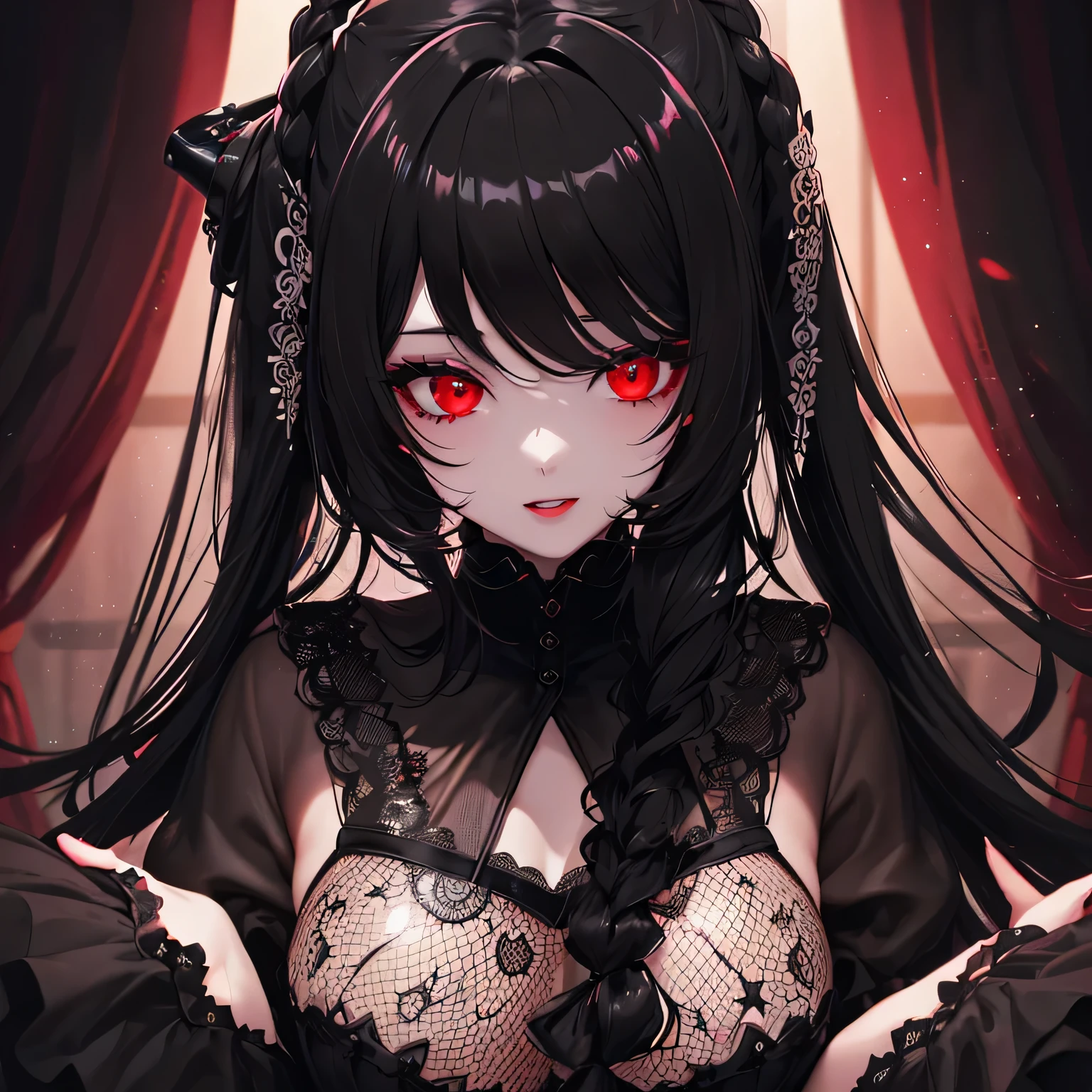 1 girl,Depp's Sense,confused,catch light,Super beautiful illustration,(black color,long hairstyles:1.6),dark dark eyeshadow,bright red lipstick,Gothic Lolita,;d,beautiful and delicate hair,delicate and detailed red eyes,red light effect,look around