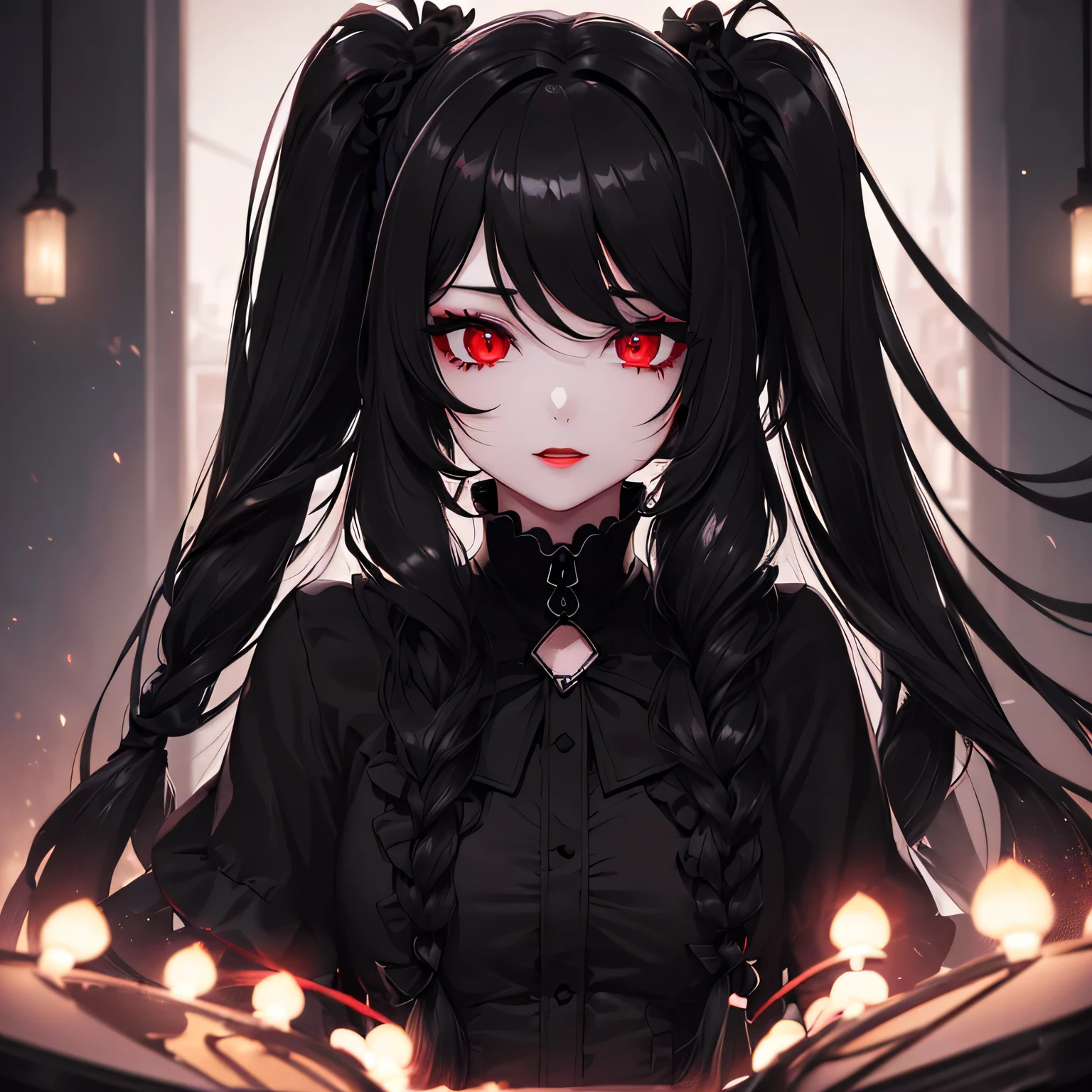 1 girl,Depp's Sense,confused,catch light,Super beautiful illustration,(black color,long hairstyles:1.6),dark dark eyeshadow,bright red lipstick,Gothic ta,;d,beautiful and delicate hair,delicate and detailed red eyes,red light effect,look around