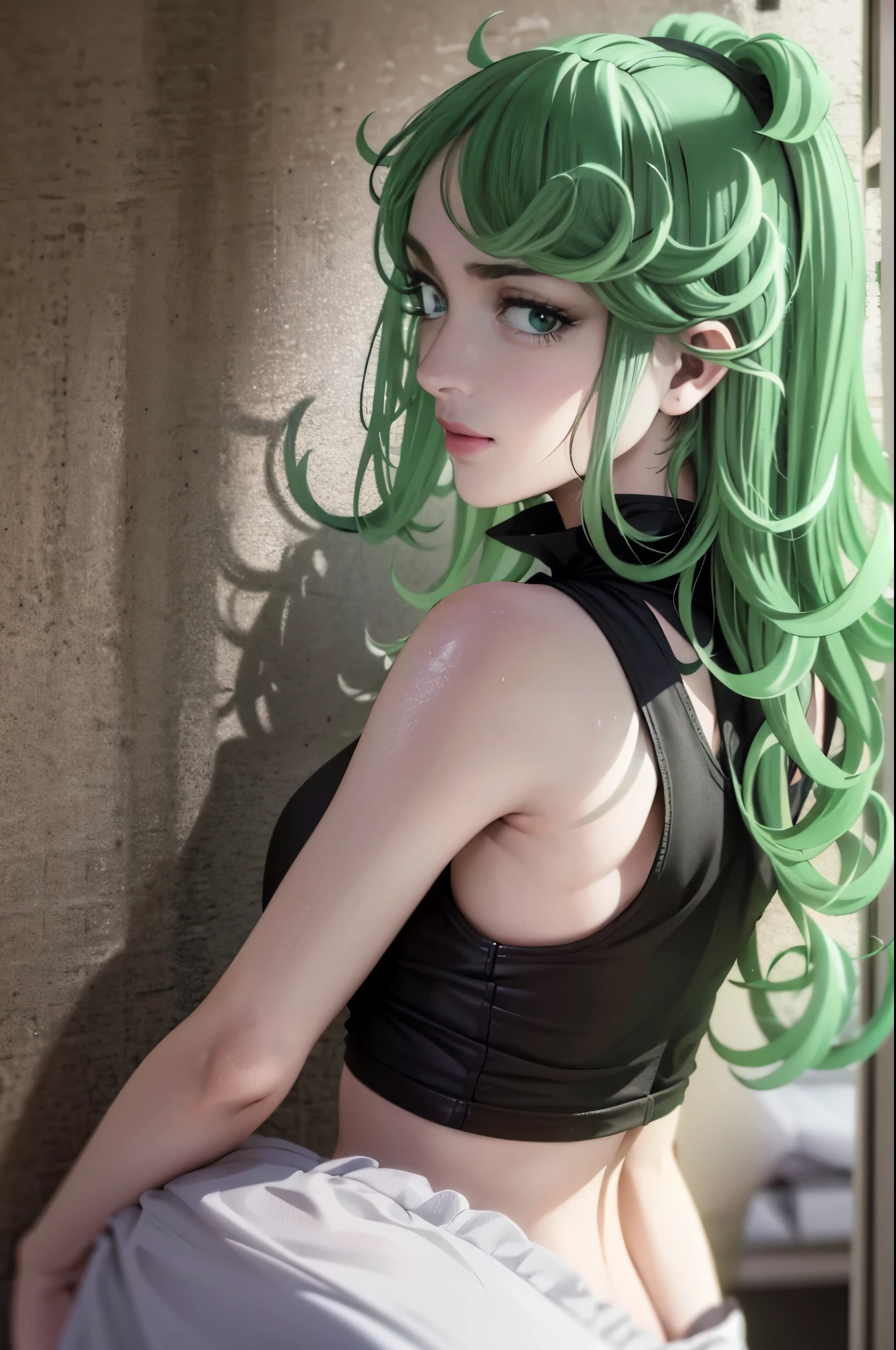 ,masterpiece, best quality, photorealistic, yujiasuit, yoga sports bra, yoga pants, 1girl, solo, , yoga ball, pants, looking at viewer, smile, green sports bra, simple background, , midriff, long hair, breasts, green pants, sportswear, tank top, upper body,gren hair,green eyes,looking back