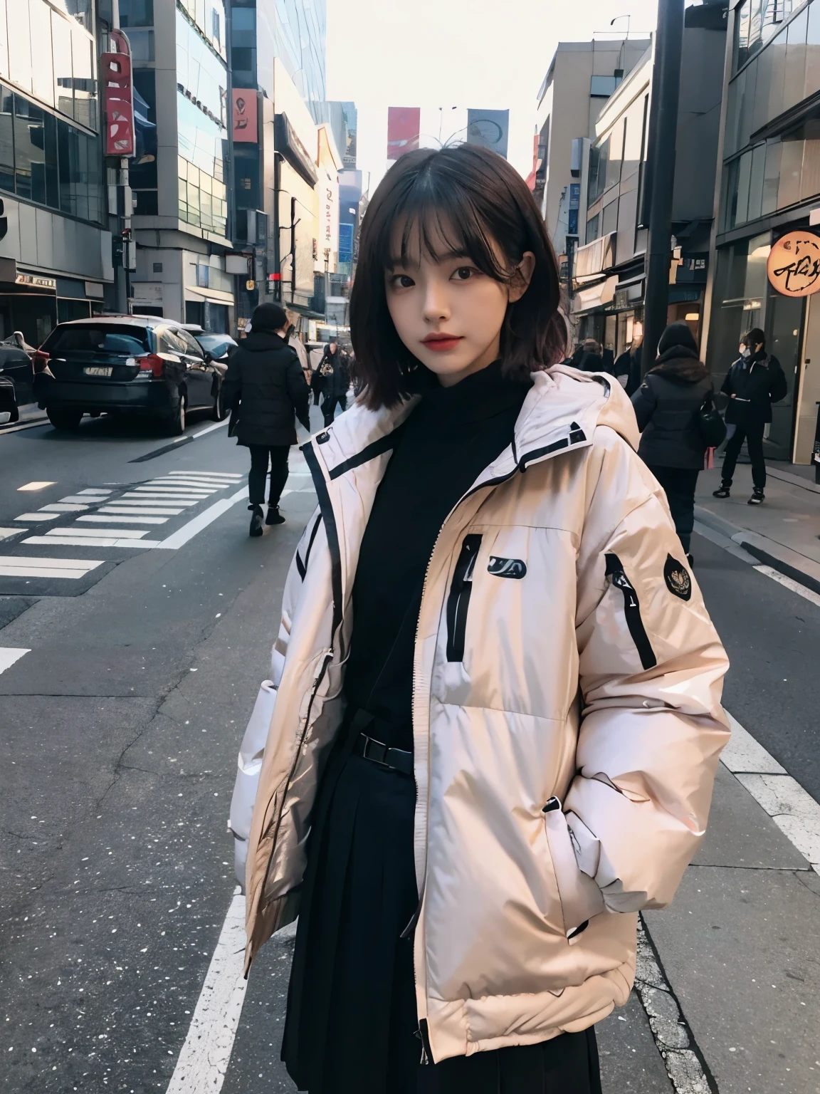 fullbody, (((wearing big black Down jacket ))), wearing long black skirt,// Bewitching eyes, well-balanced eyes, //street snap // ((facing viewer)), //at the street in tokyo, //japanese lady, pale skin, //droopy eyes,//short pink hair, //((standing)), high quality:1.3, Professional lighting:2.0 realistic:1.2, 4k resolution, detailed skin, masterpiece:1.1