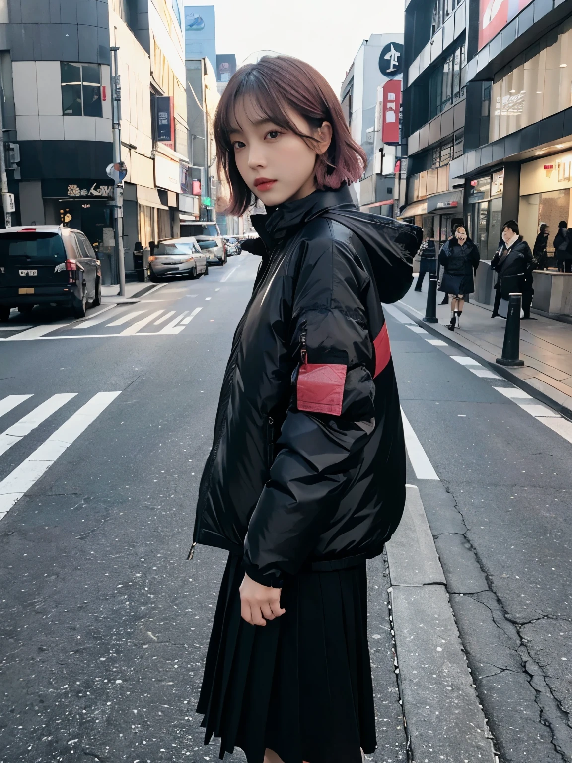 fullbody, (((wearing big black Down jacket ))), wearing long black skirt,// Bewitching eyes, well-balanced eyes, //street snap // ((facing viewer)), //at the street in tokyo, //japanese lady, pale skin, //droopy eyes,//short pink hair, //((standing)), high quality:1.3, Professional lighting:2.0 realistic:1.2, 4k resolution, detailed skin, masterpiece:1.1