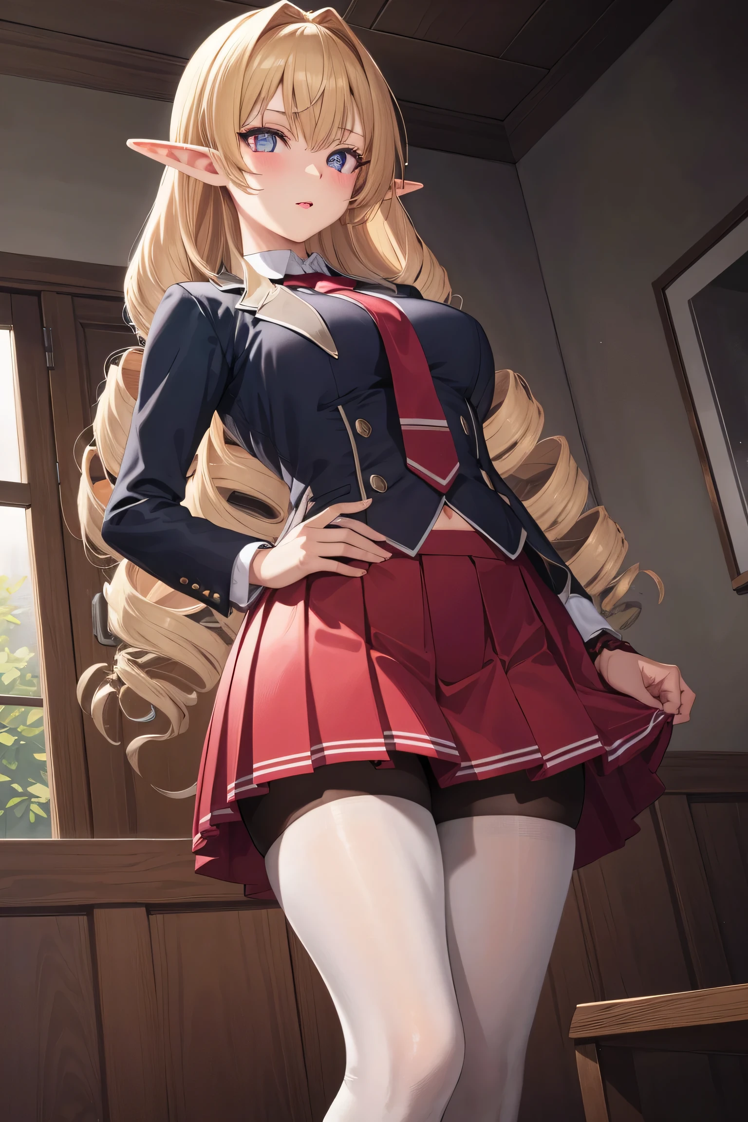 1girl, elinalise, elf, pointy ears, red eyes, blonde hair, hair drills,medium breast,
BREAK wearing school uniform, blazer, necktie, red skirt, pantyhose,
BREAK looking at viewer, The upper part of the body，standing on your feet，
BREAK Garden background,
BREAK (masterpiece:1.2), best quality, high resolution, unity 8k wallpaper,NSFW ,(illustration:0.8), (beautiful detailed eyes:1.6), extremely detailed face, perfect lighting, extremely detailed CG, (perfect hands, perfect anatomy),