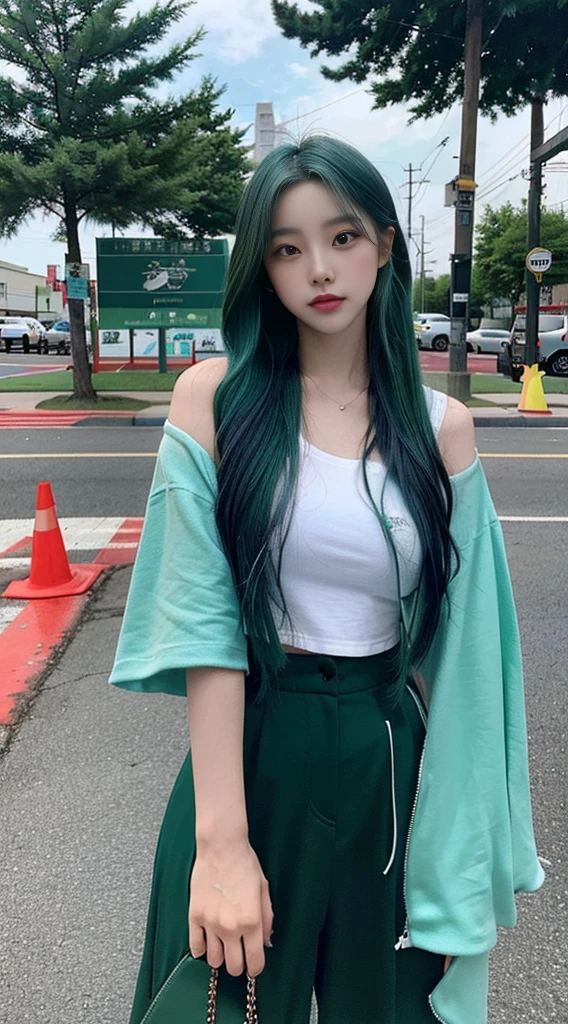 Girl posing with green dyed hair next to a street sign, in an anime aesthetic style, dark cyan and light blue, Han Dynasty, dark blue and green, softball, dark blue and sky blue, eye-catching
