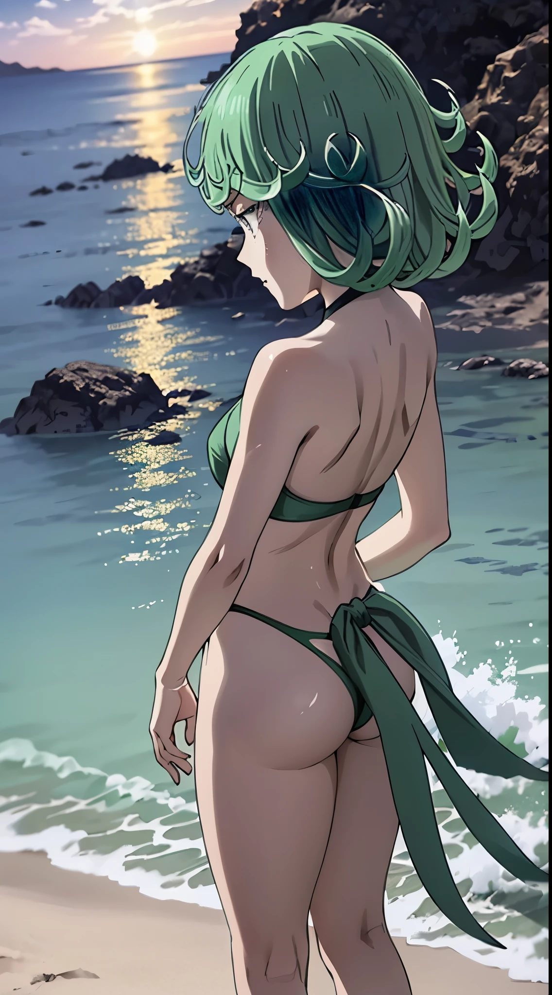 (masterpiece, beach scene at sunset:1.3), (Tatsumaki from One Punch Man:1.2), (standing at her 150 centimeters height with a well-distributed 45 kg:1.2), (beautifully proportioned body with small breasts and a medium-sized, firm, and round buttocks:1.2), (slender physique:1.1), (strolling along the beach at the moment of capture:1.2), (facing away from the camera, but turning around with a brief laughter at the corner of her mouth:1.2), (photograph taken from her back:1.5), (wearing an extremely small bikini both on top and bottom:1.5), (capturing the enchanting lighting of the sunset:1.1), (enhancing the beauty of her green-colored hair:1.3) Hyper-detailed, insane details, Beautifully color graded, Unreal Engine, DOF, Super-Resolution,Megapixel, Cinematic Lightning, Anti-Aliasing, FKAA, TXAA, RTX,SSAO,Post Processing, Post Production, Tone Mapping, CGI, VFX, SFX, Insanely detailed and intricate , Hyper maximalist, Hyper realistic, Volumetric, Photorealistic, ultra photoreal, ultra- detailed, intricate details,8K, Super detailed , Full color, Volumetric lightning, HDR, Realistic, Unreal Engine, 16K, Sharp focus. Octane render