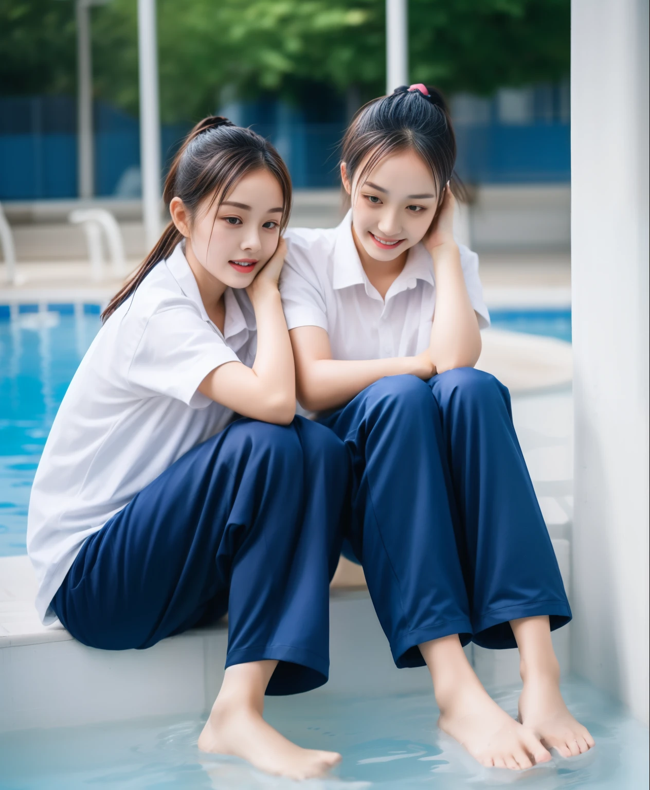 2 girls in the swimming pool, Navy blue short-sleeved shirt,Navy Long Trackpant,Sweatpants, Sweatpantsขายาว,25 year old girl, lesbian, sexy, exercise clothes, wet body, Soak your feet in water