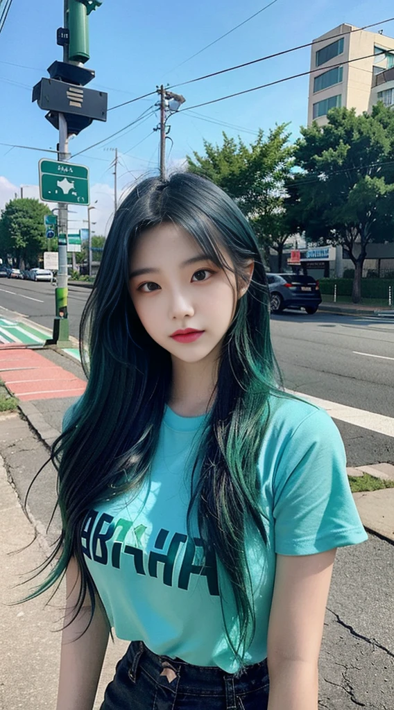 Girl posing with green dyed hair next to a street sign, in an anime aesthetic style, dark cyan and light blue, Han Dynasty, dark blue and green, softball, dark blue and sky blue, eye-catching 