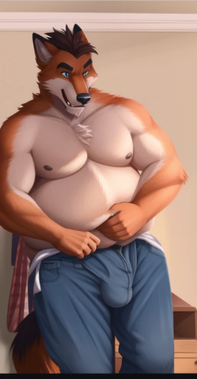 Male, solo, anthro, furry, Orange Fox, older male, pulling up pants, underwear, bottomwear, denim jeans, orange fur, bedroom, looking at mirror, (naked) detailed lighting, looking down at belly, white chest tuft, ruffled fur, musclegut, belly, focus on belly, weight gain, (overweight:2.0), muscular arms, attractive, (bare chest), (detailed male genitals), snout, long snout, teeth, perfect eyes, mature male, father figure, dilf, daddy, fangs, wide waist, broad shoulders, strong thighs, white teeth, detailed hands, naked, big penis, massive penis, dick, cock, (fully-erect), dramatic lighting, standing, (detailed erection)