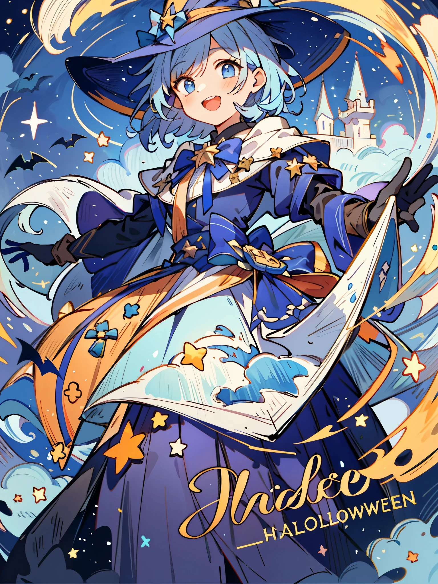 ((masterpiece:1.2, best quality)), 1girl, solo, (witch hat), a close up of a girl with curl hair, short hair, dress, aurora, night, star (sky), gloves, sky, dress, night sky, open mouth, starry sky, light blue eyes, ribbons, smile, cape, blue hair, magic, casting spell, night, (impressionism:1.4), alphonse mucha, Halloween colors, colorful candy